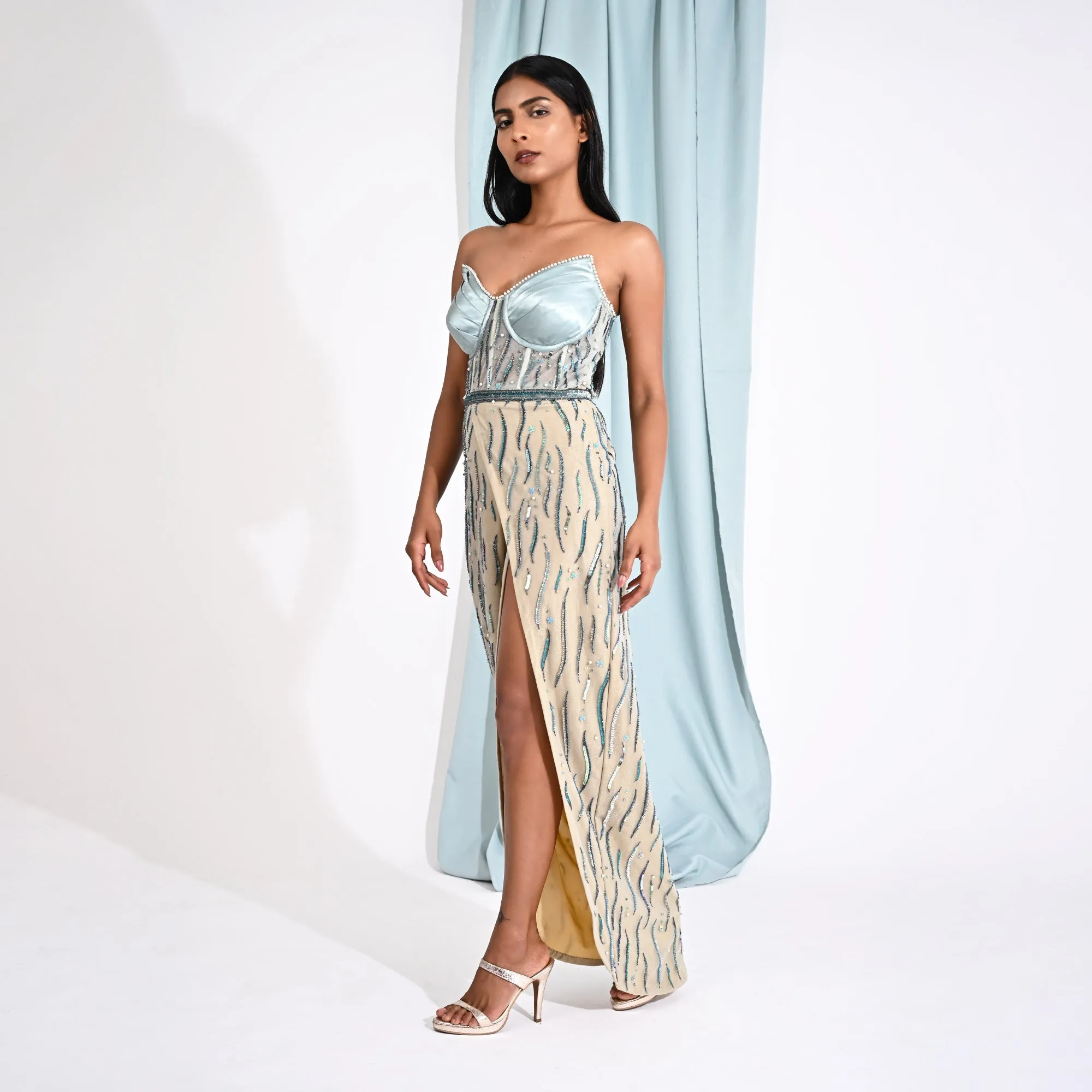 Strapless Mint Blue Embellished Wrap Gown