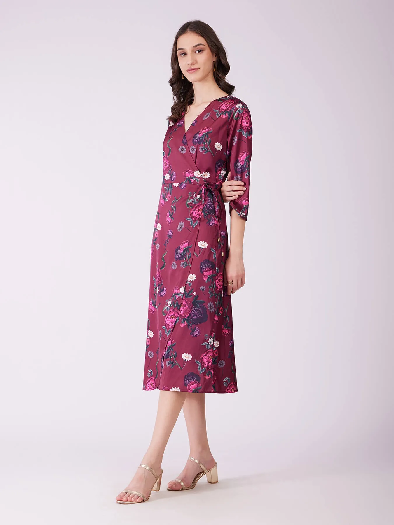 Stretch Satin Floral Wrap Dress - Plum