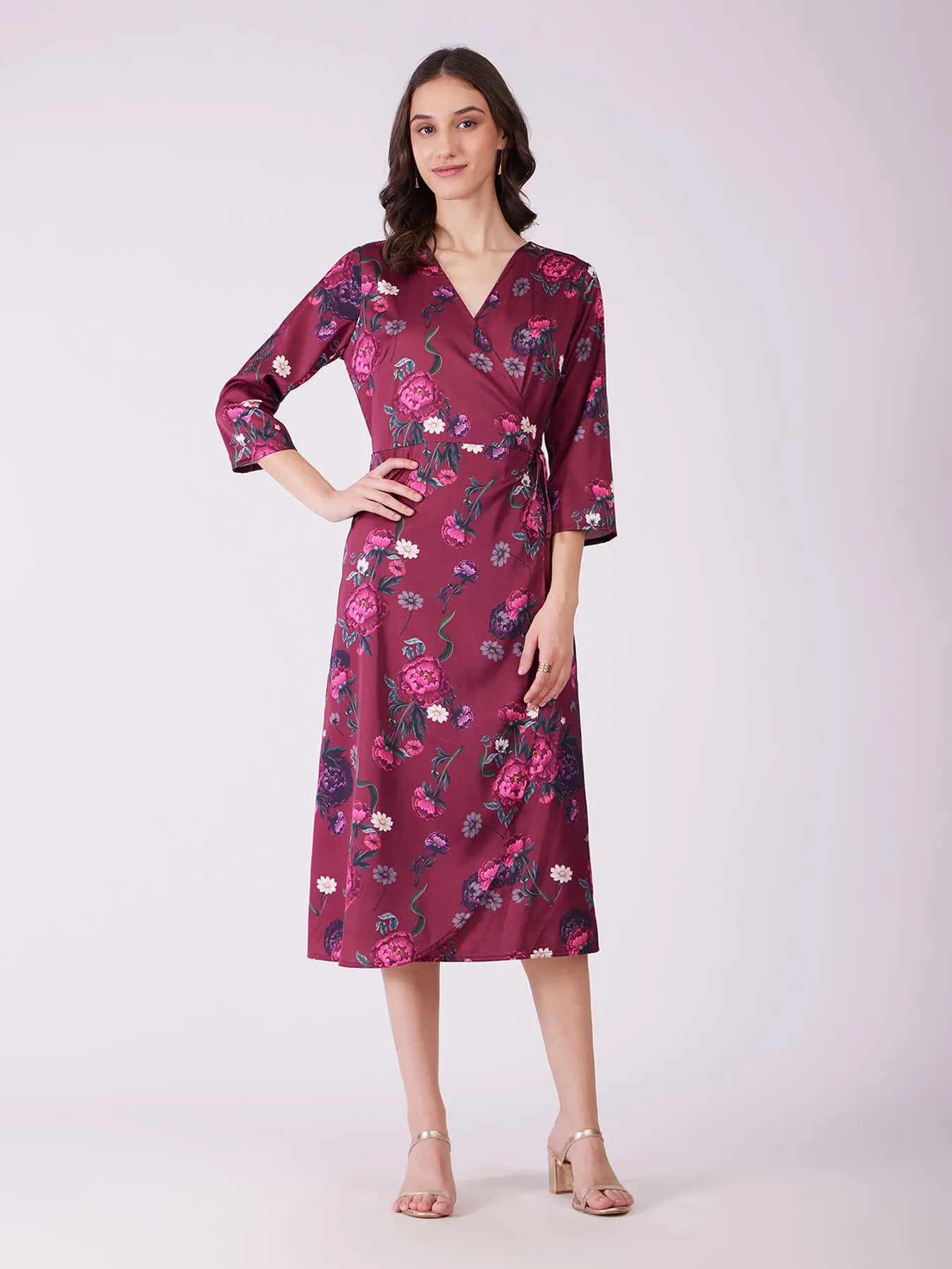 Stretch Satin Floral Wrap Dress - Plum