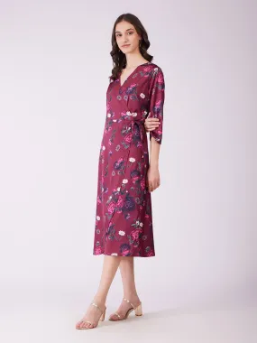 Stretch Satin Floral Wrap Dress - Plum