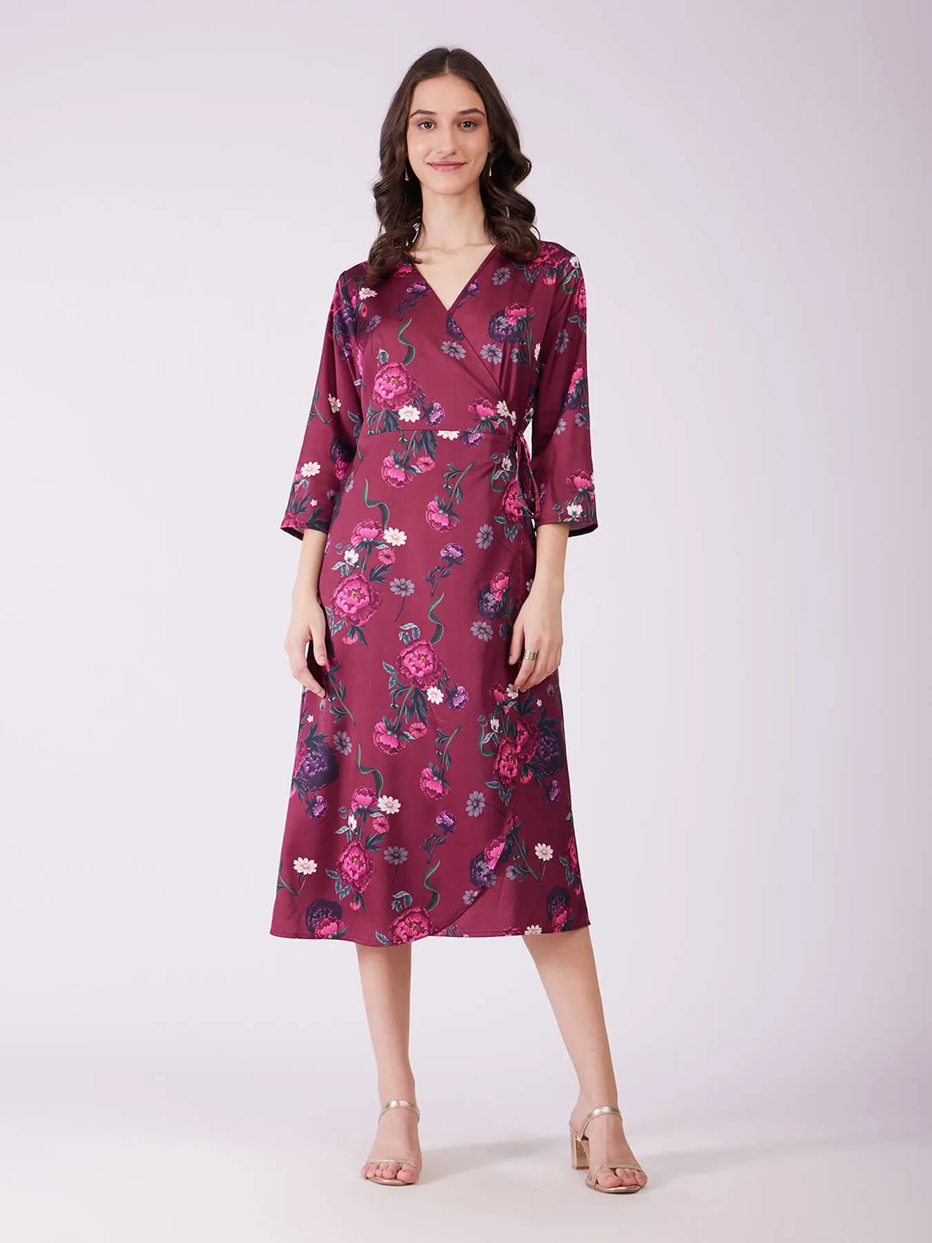 Stretch Satin Floral Wrap Dress - Plum