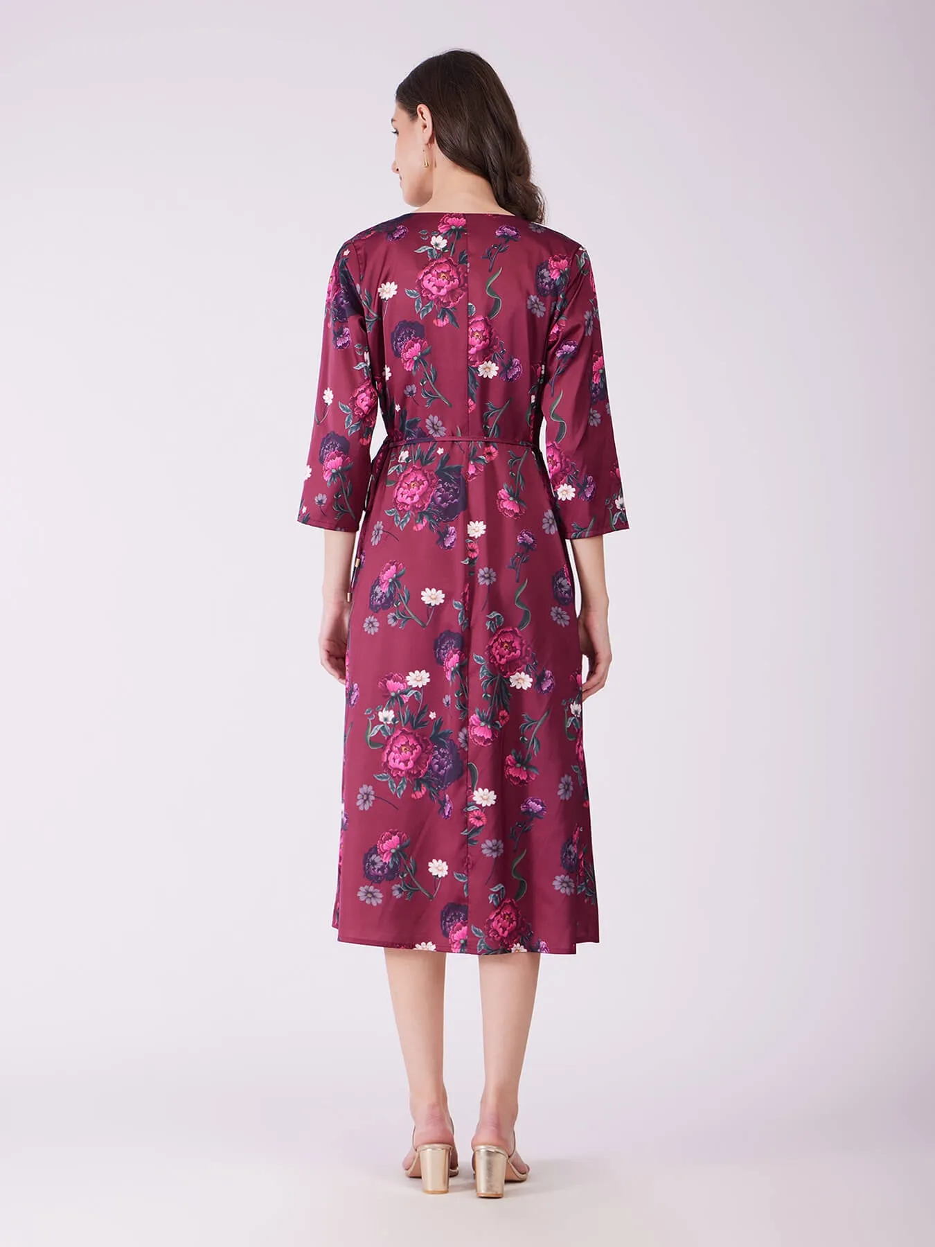 Stretch Satin Floral Wrap Dress - Plum