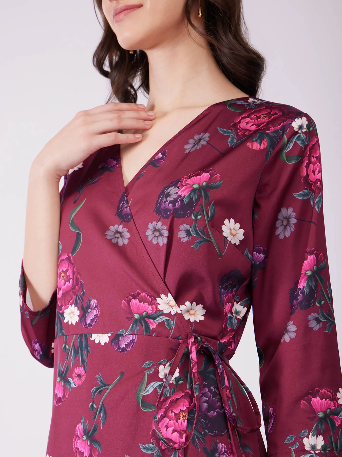 Stretch Satin Floral Wrap Dress - Plum