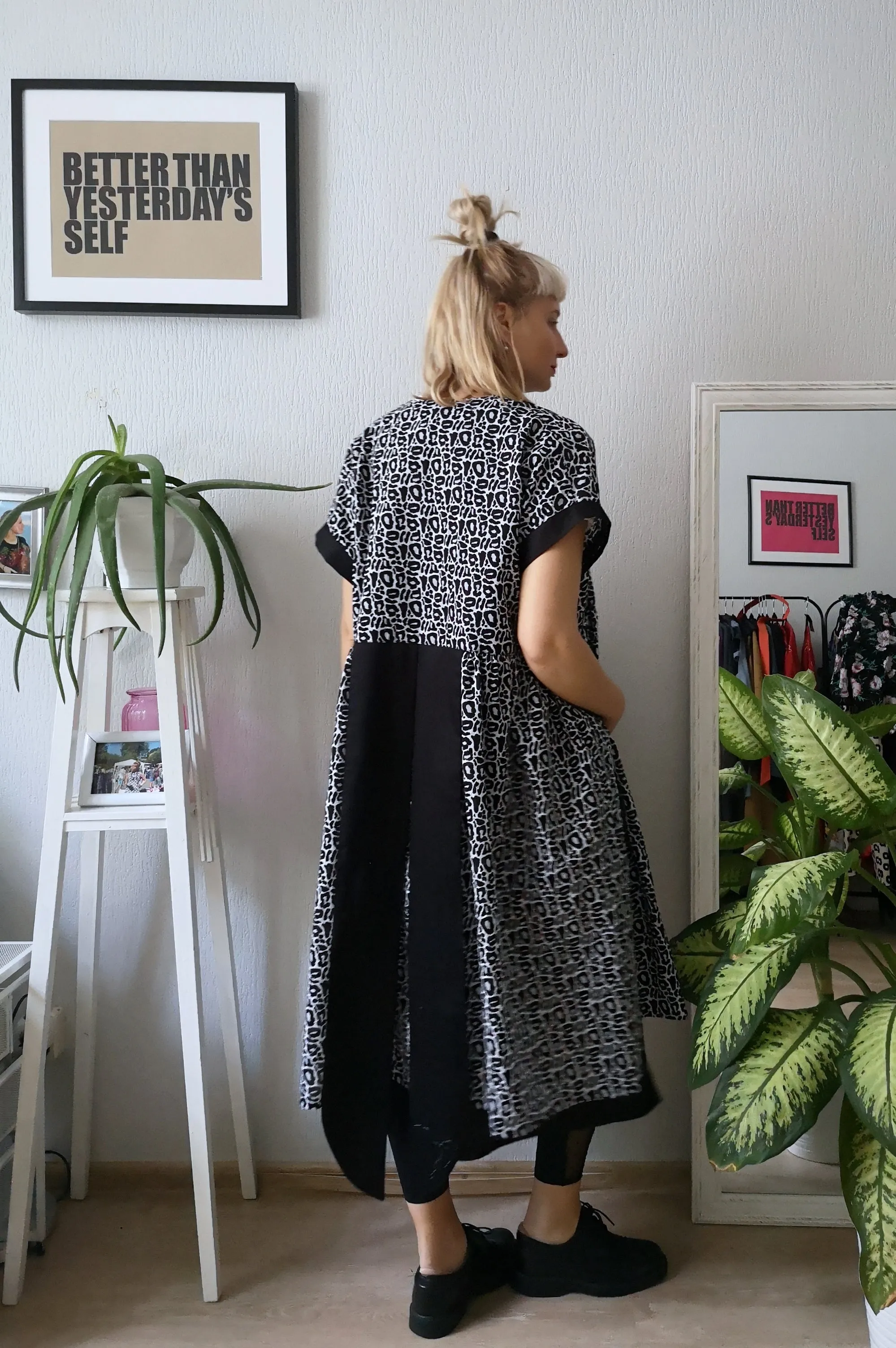 Summer Kimono Dress/ Vest with Wide Skirt Detail made from Black and White paterned cotton.