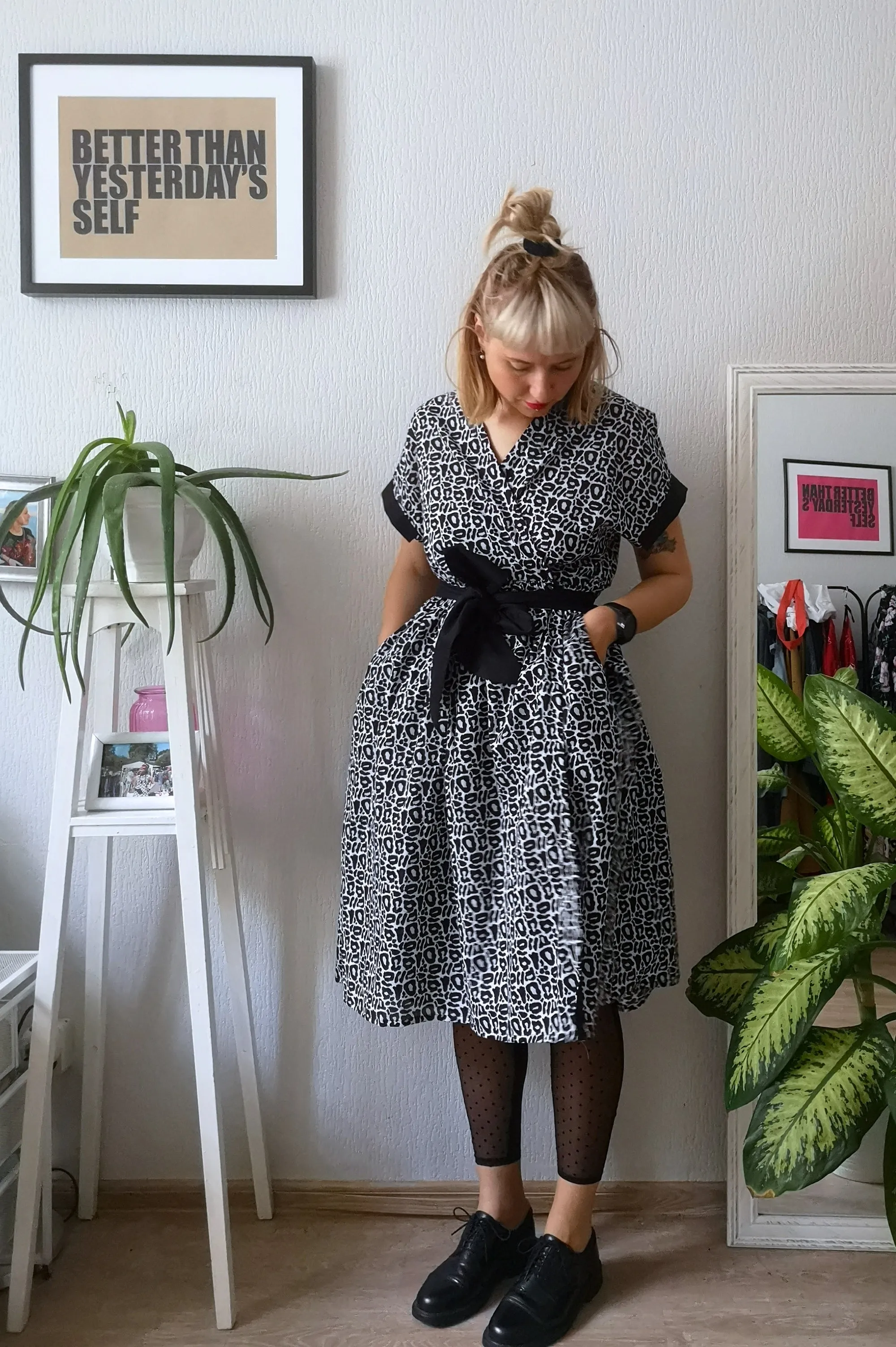 Summer Kimono Dress/ Vest with Wide Skirt Detail made from Black and White paterned cotton.