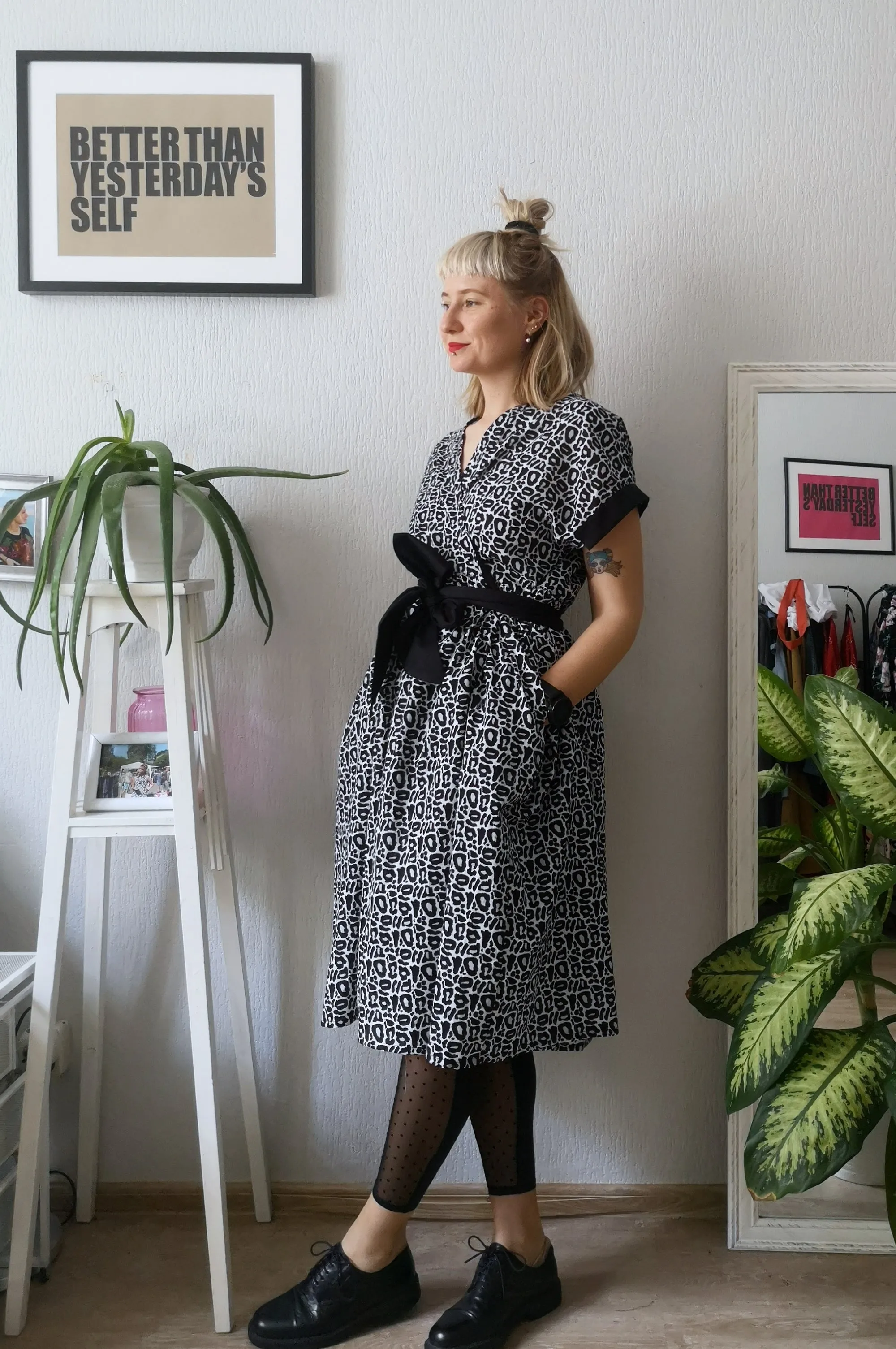 Summer Kimono Dress/ Vest with Wide Skirt Detail made from Black and White paterned cotton.