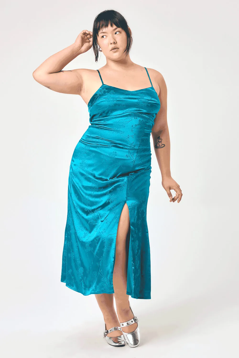 Teal Satin Jacquard Midi Cami Dress