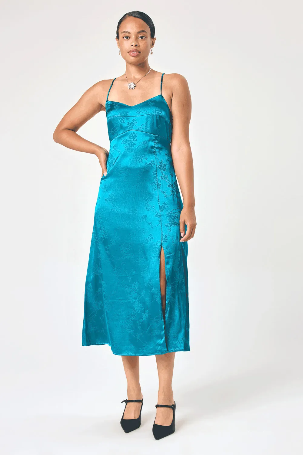 Teal Satin Jacquard Midi Cami Dress