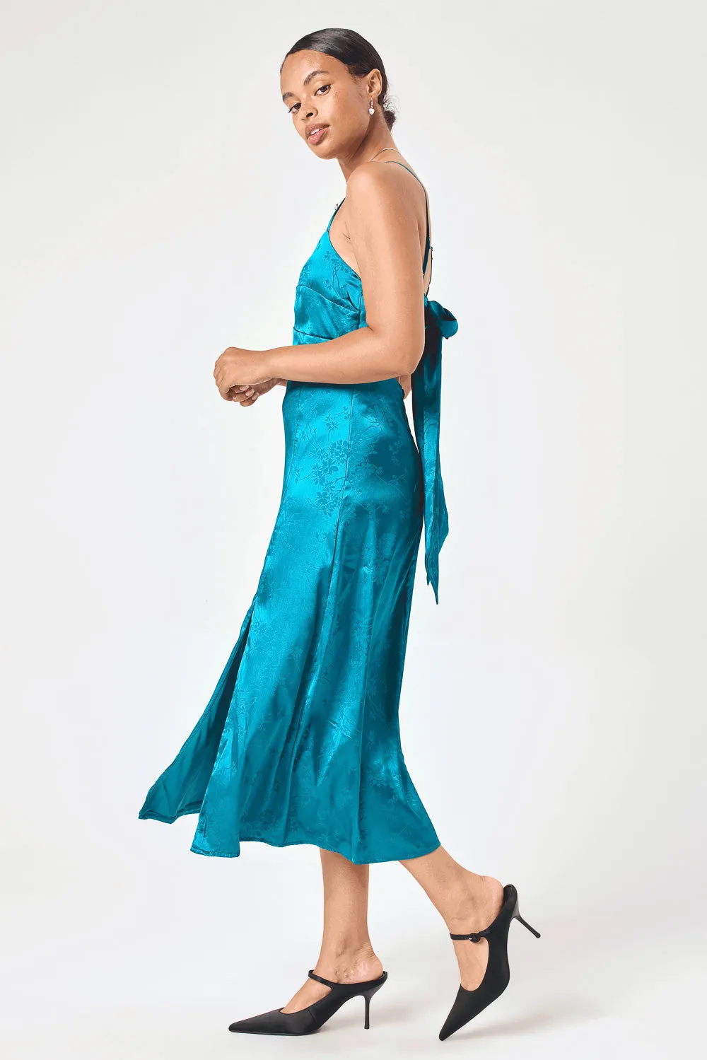 Teal Satin Jacquard Midi Cami Dress