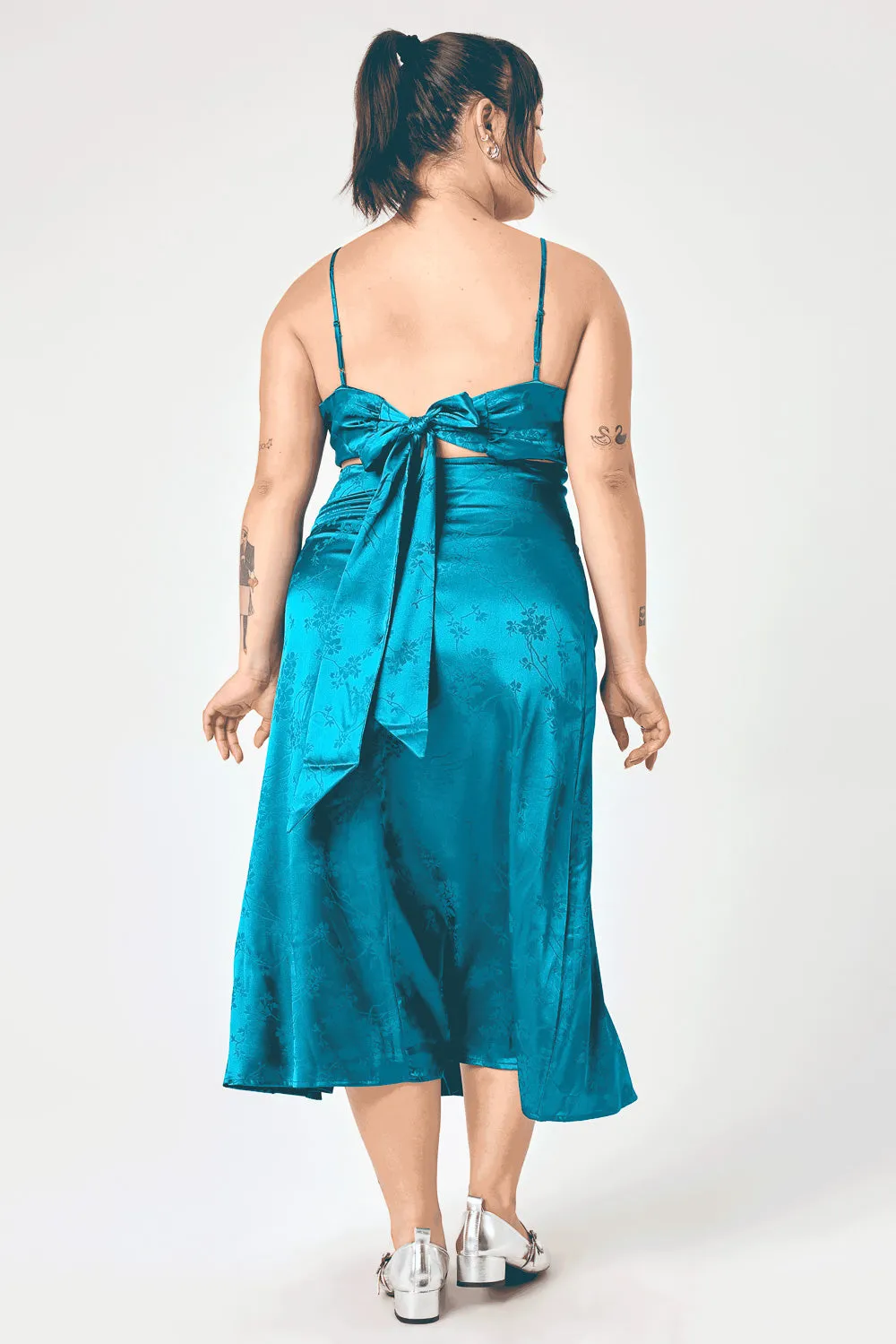 Teal Satin Jacquard Midi Cami Dress