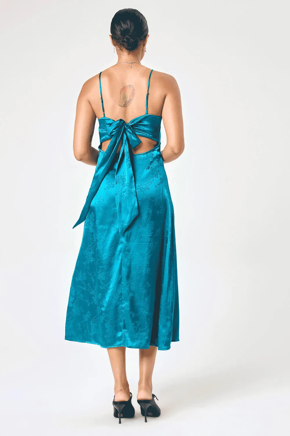 Teal Satin Jacquard Midi Cami Dress