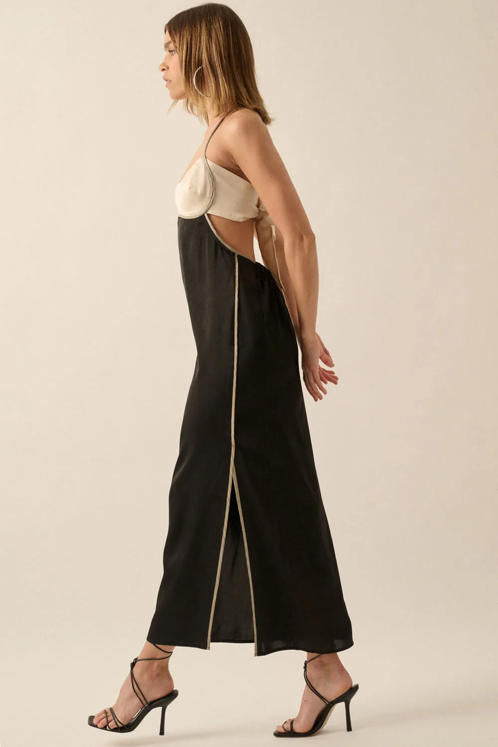 The Colourblock Satin Halter Dress - Black