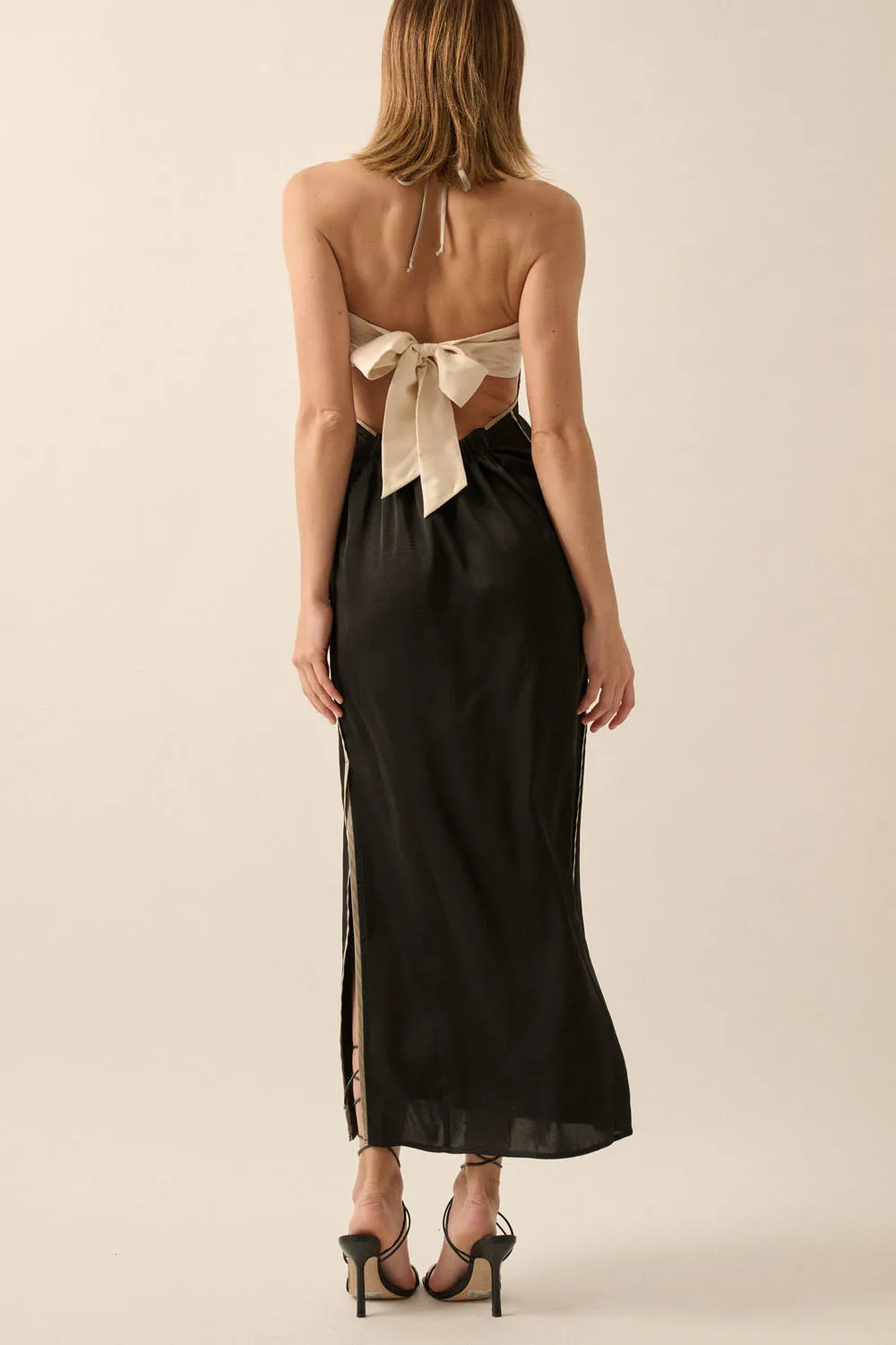 The Colourblock Satin Halter Dress - Black