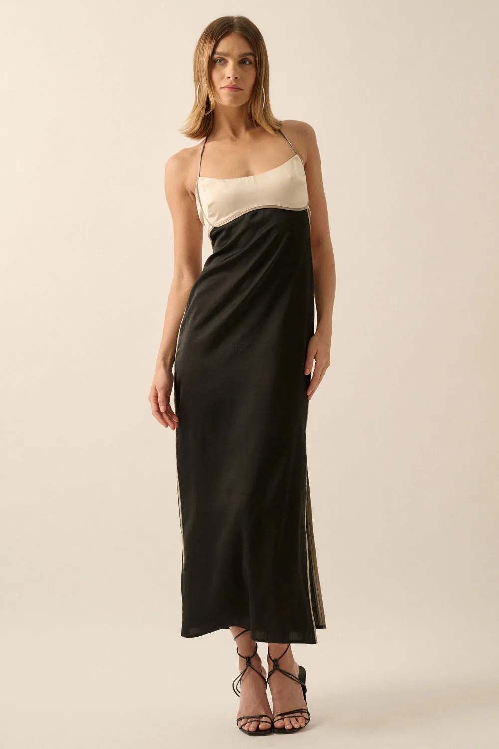 The Colourblock Satin Halter Dress - Black