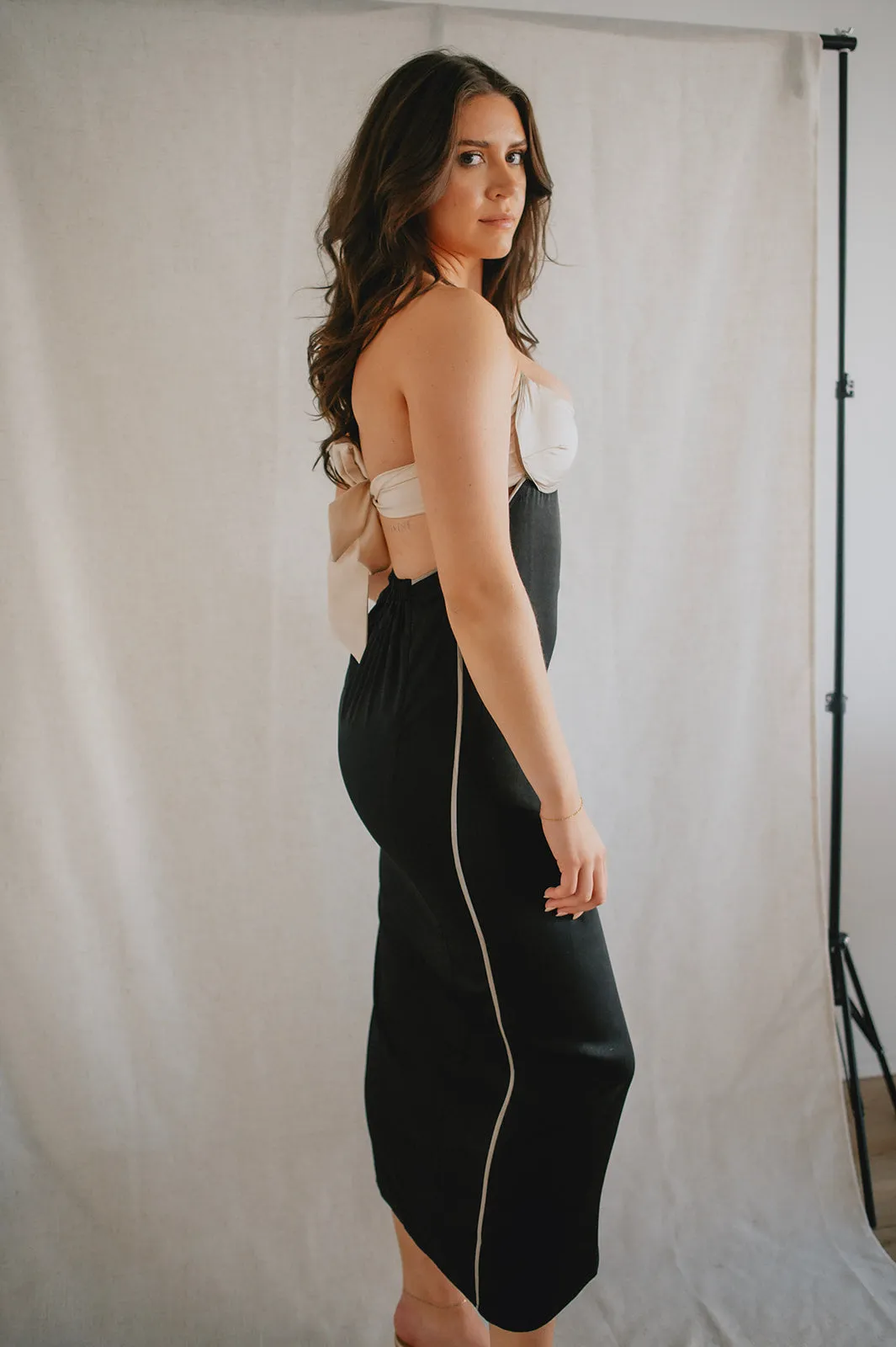 The Colourblock Satin Halter Dress - Black