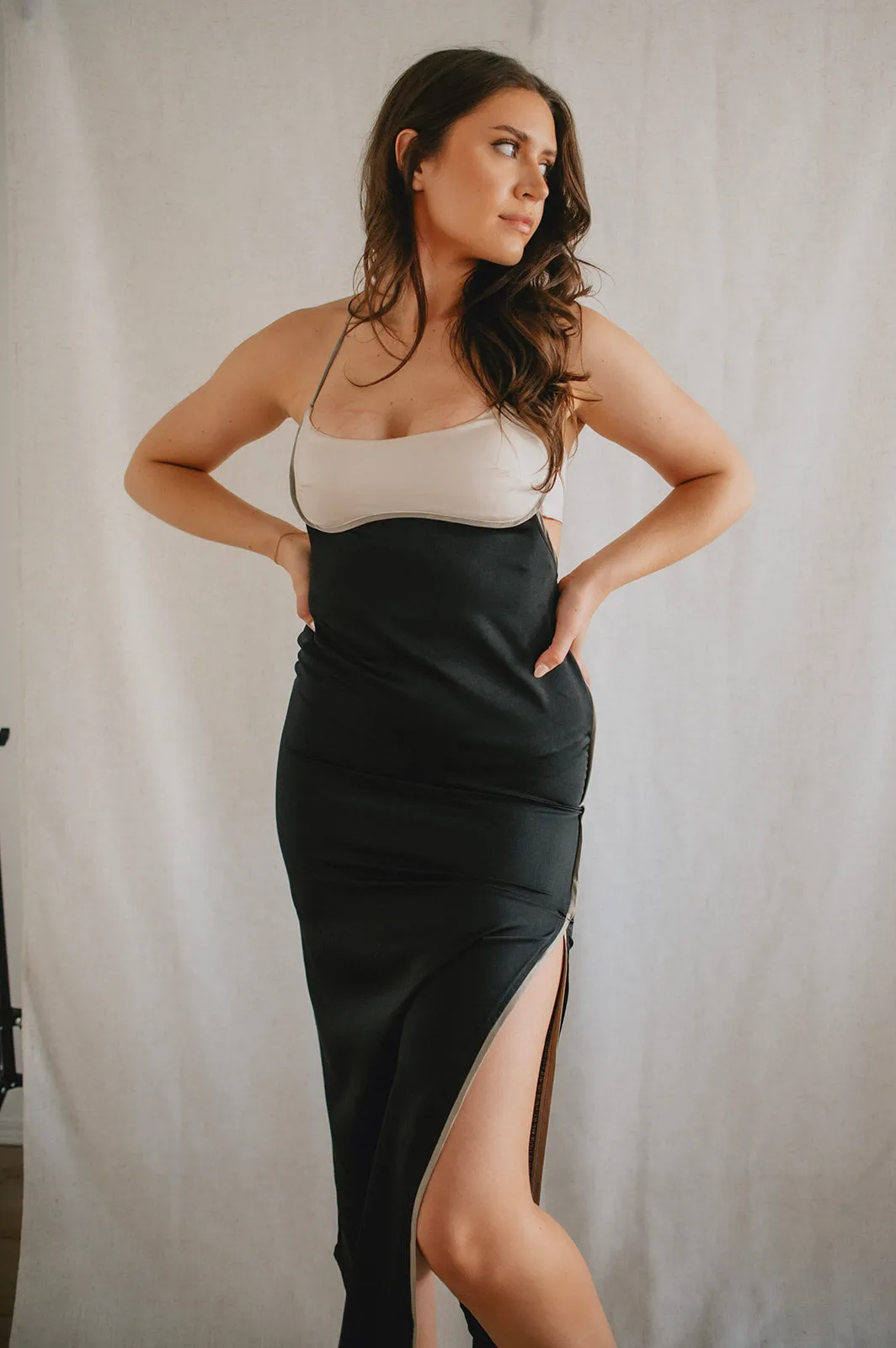 The Colourblock Satin Halter Dress - Black