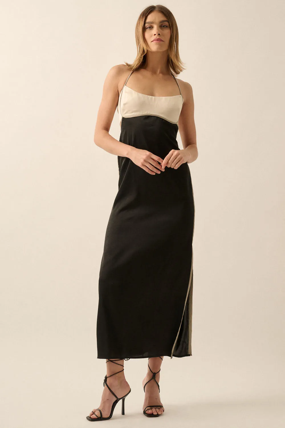 The Colourblock Satin Halter Dress - Black