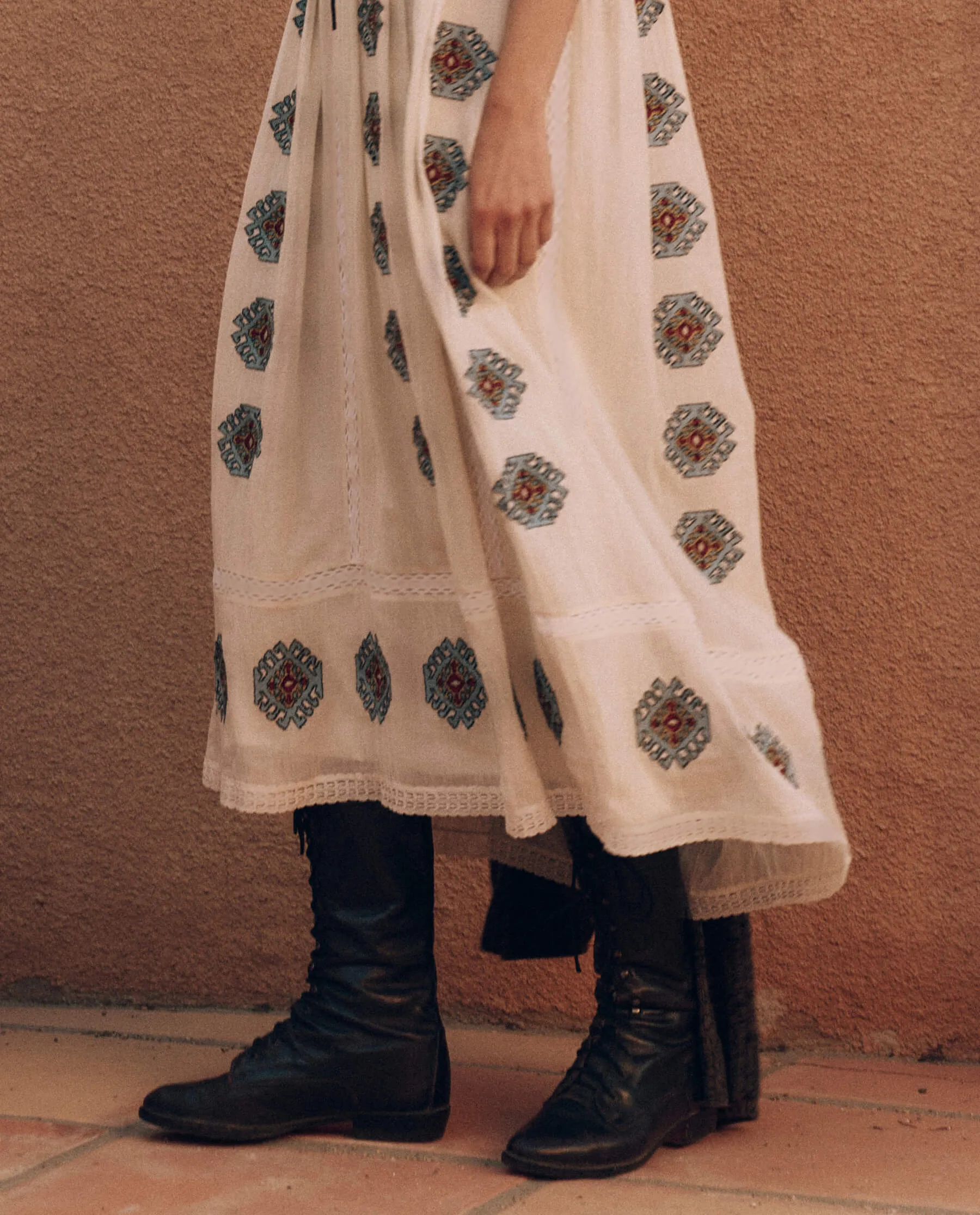 The Roam Dress with Folklore Embroidery. -- Cream