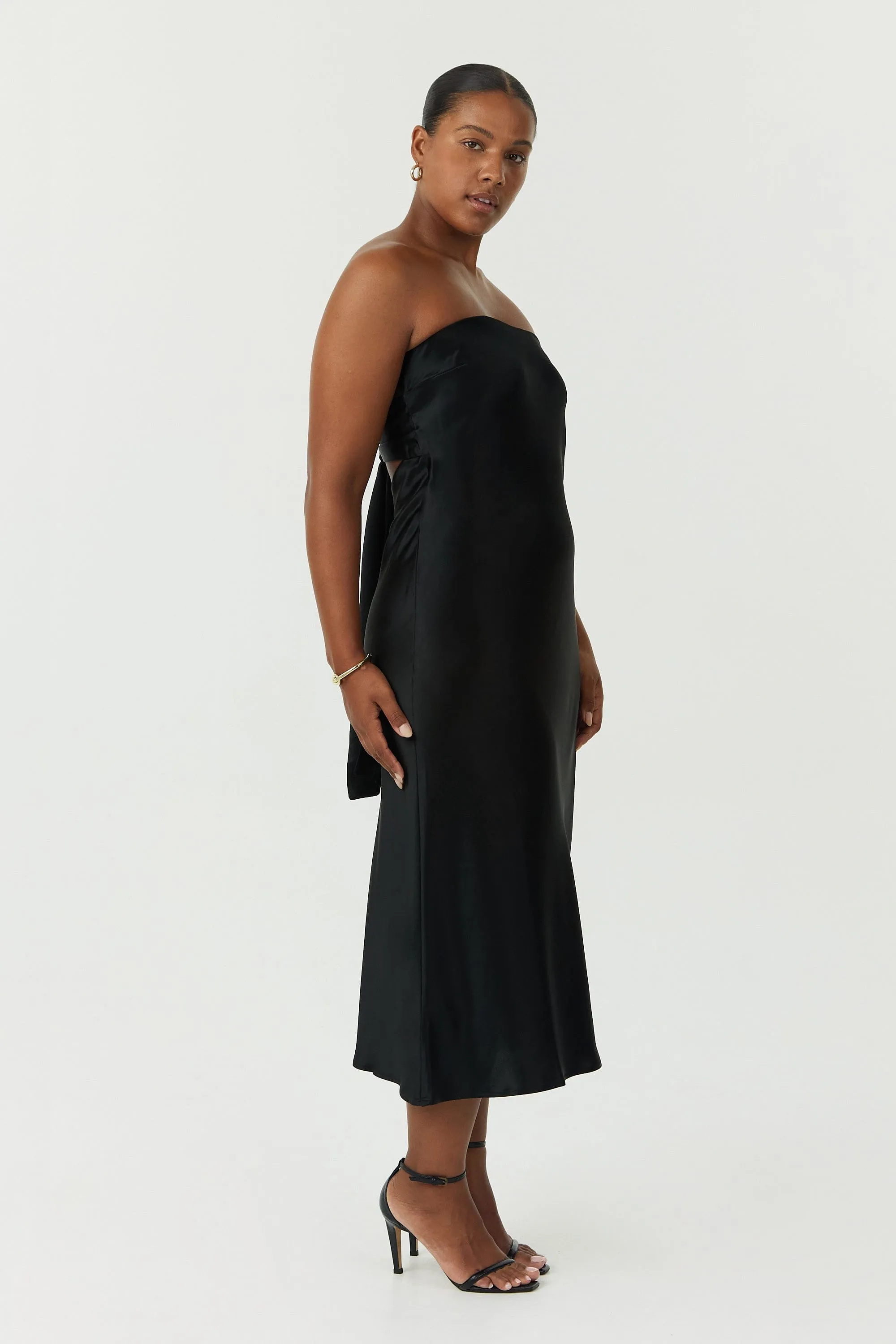 Third Form Satin Tie Back Strapless Midi Dress - Black