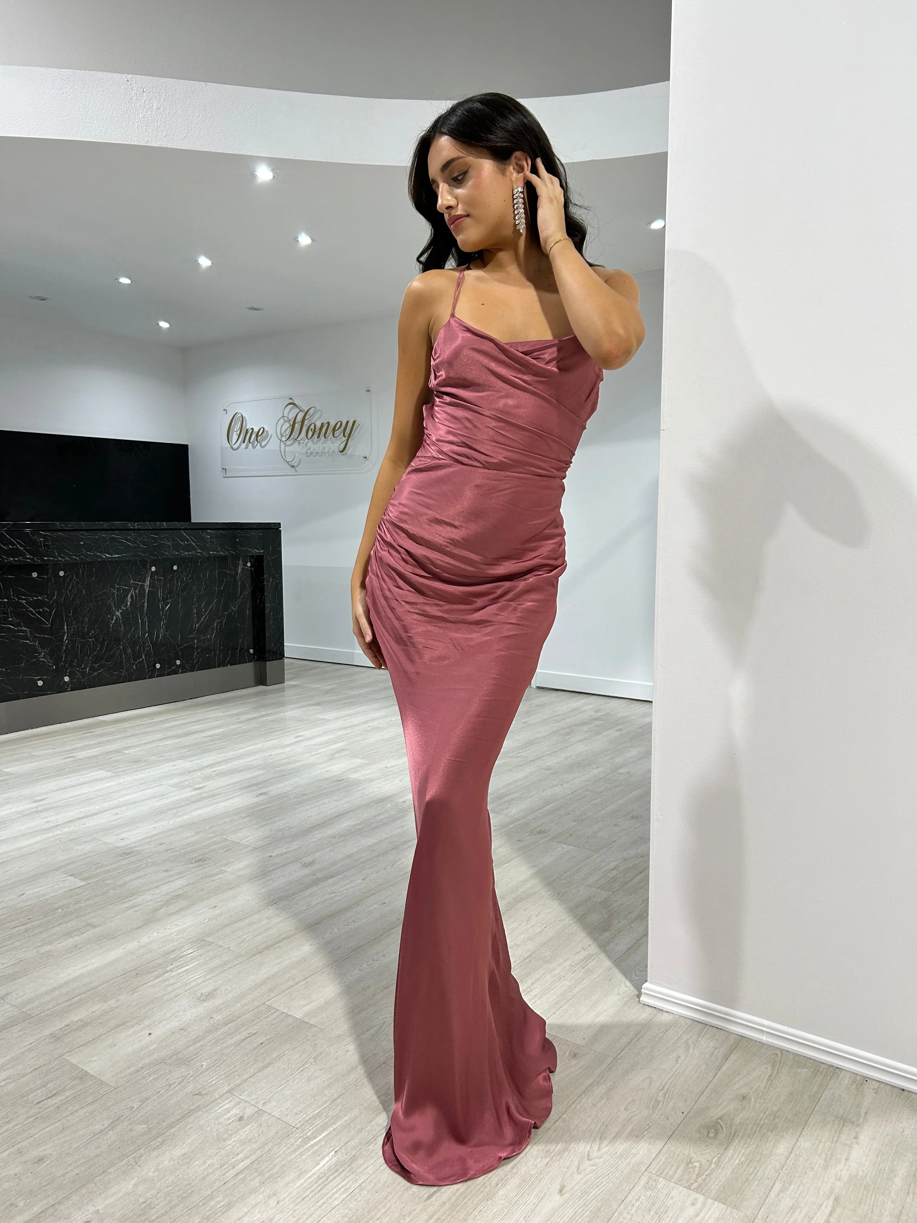 TIARN Satin Low Back Midi Semi Formal Dress