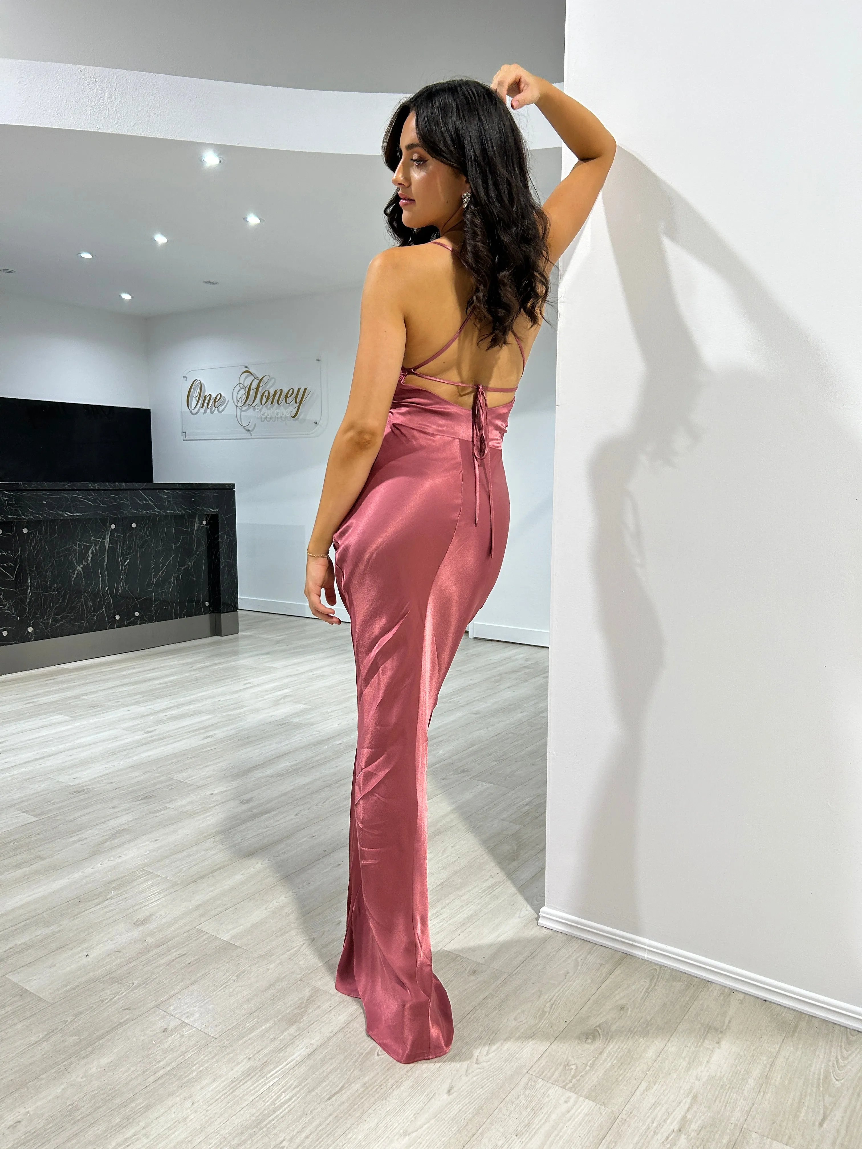 TIARN Satin Low Back Midi Semi Formal Dress