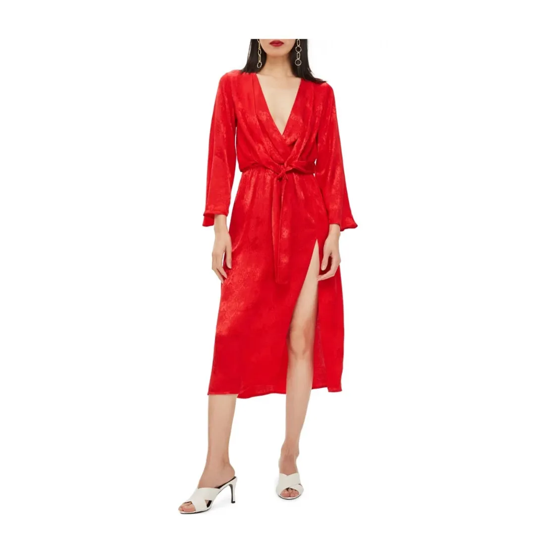 Topshop Thigh Split Snakeskin Jacquard Wrap Dress Red SIZE 10