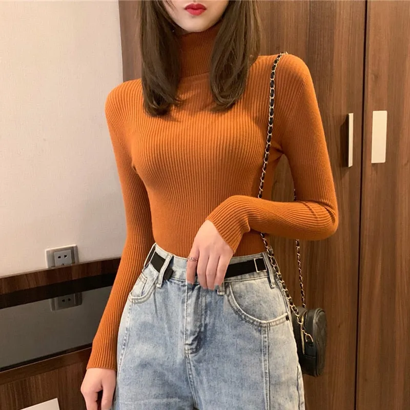 Turtleneck Sweaters Autumn Women Knitted Pullovers Elastic Jumper Soft Long Sleeve Korean Slim Ladies Basic Top New