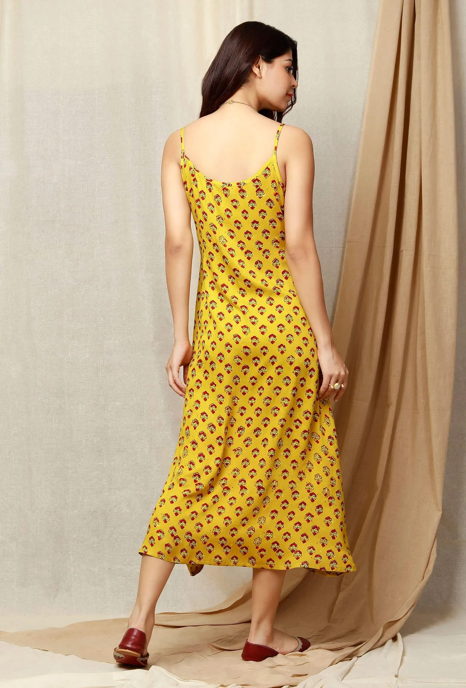 Tuscan Yellow Printed Modal Ajrakh Slip Dress