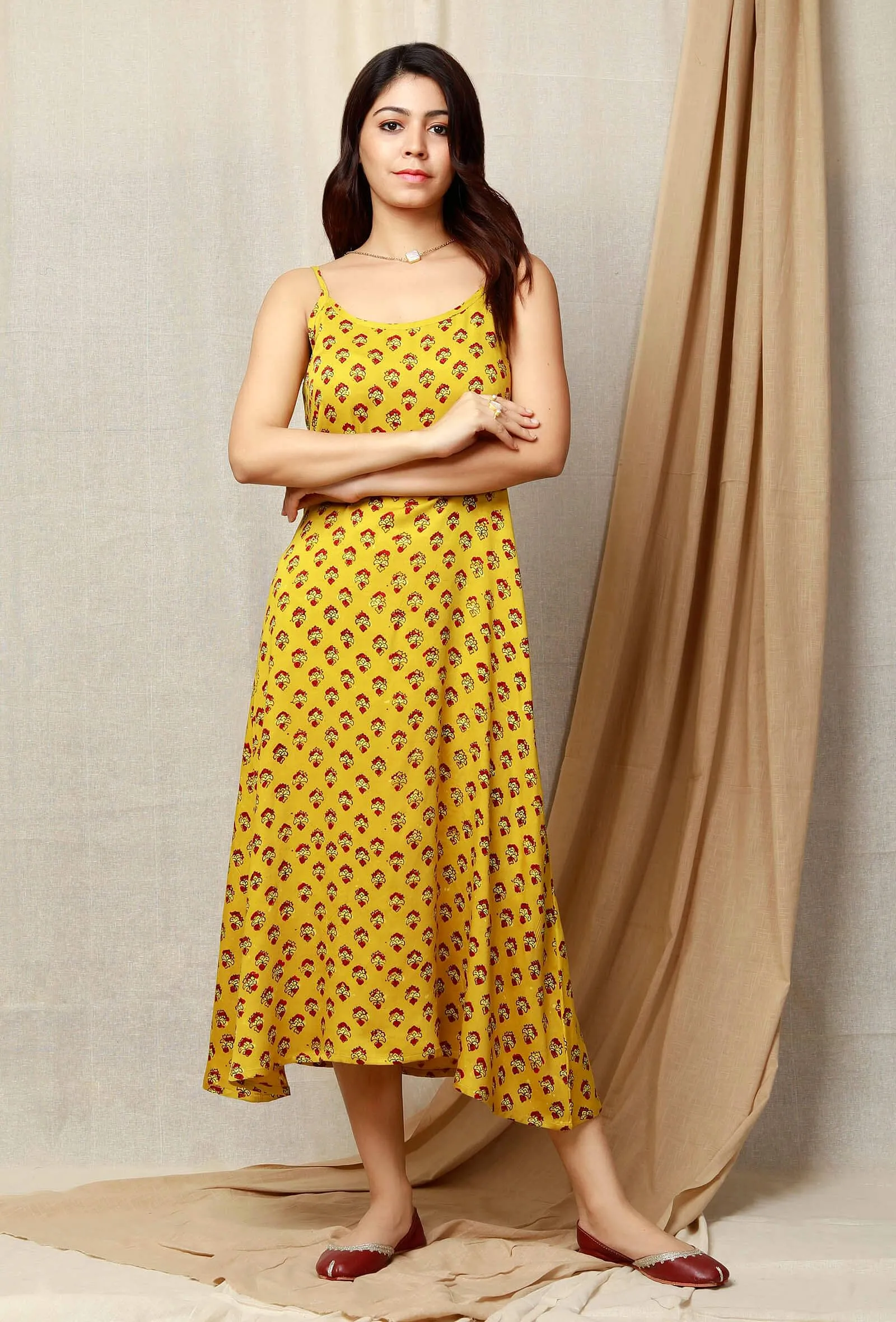 Tuscan Yellow Printed Modal Ajrakh Slip Dress