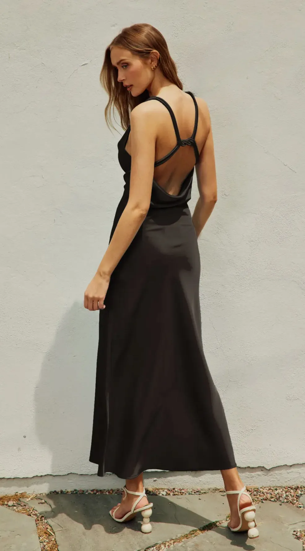 Twist Strap Open Back Black Midi Dress