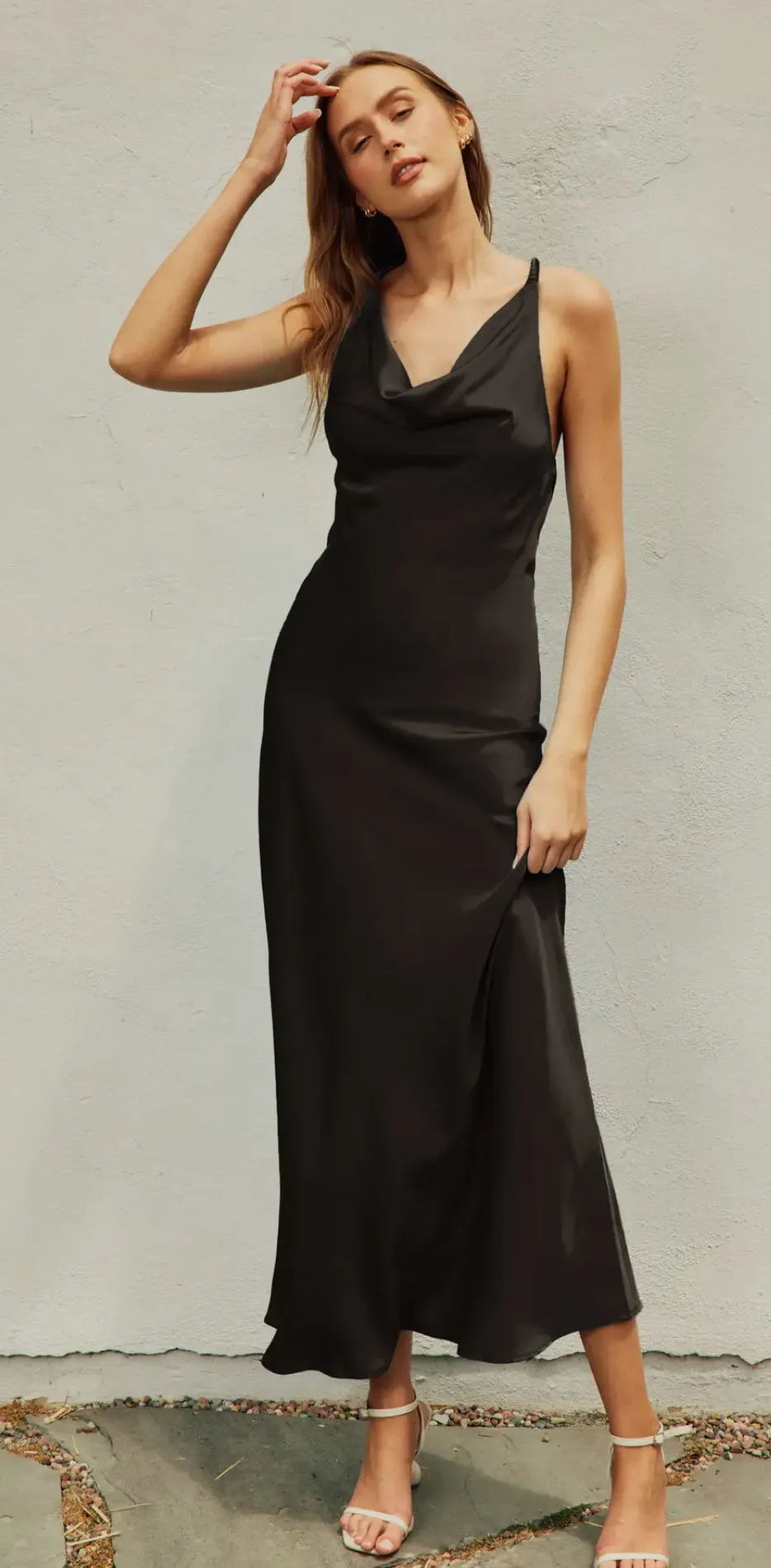 Twist Strap Open Back Black Midi Dress