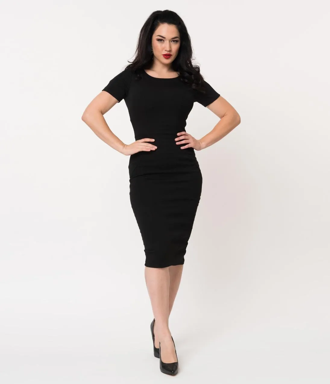 Unique Vintage 1960s Style Black Short Sleeve Stretch Mod Wiggle Dress