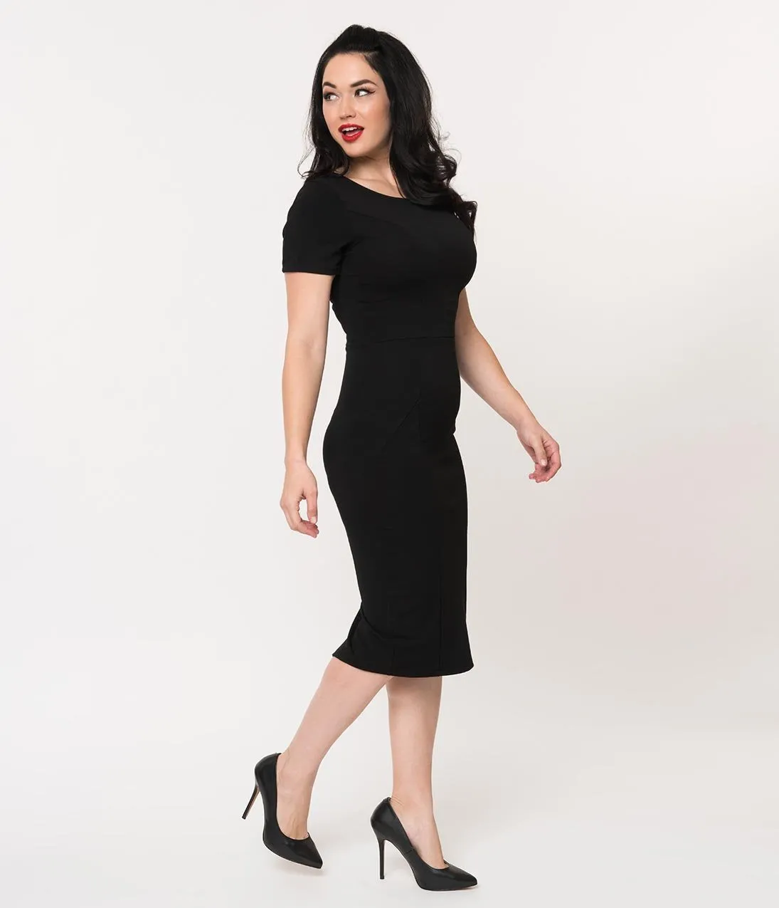 Unique Vintage 1960s Style Black Short Sleeve Stretch Mod Wiggle Dress