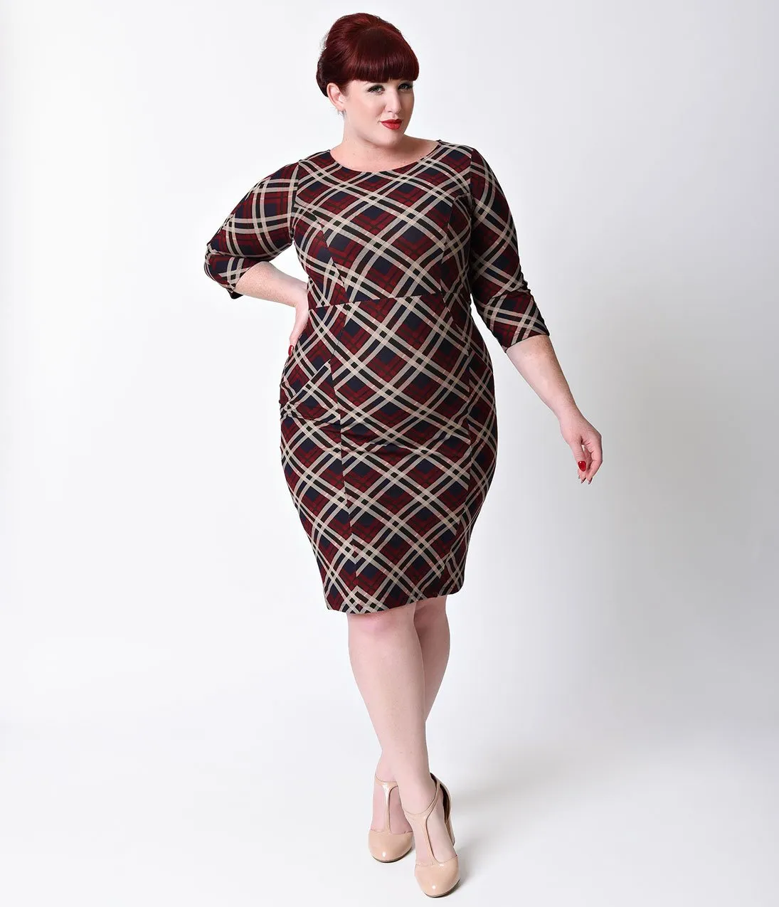 Unique Vintage Plus Size 1960s Style Red Plaid Long Sleeve Mod Wiggle Dress