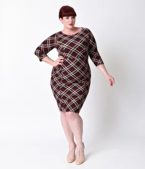 Unique Vintage Plus Size 1960s Style Red Plaid Long Sleeve Mod Wiggle Dress