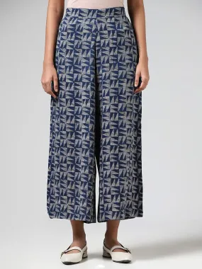 Utsa Indigo Geometric Printed Wide-Leg Pants