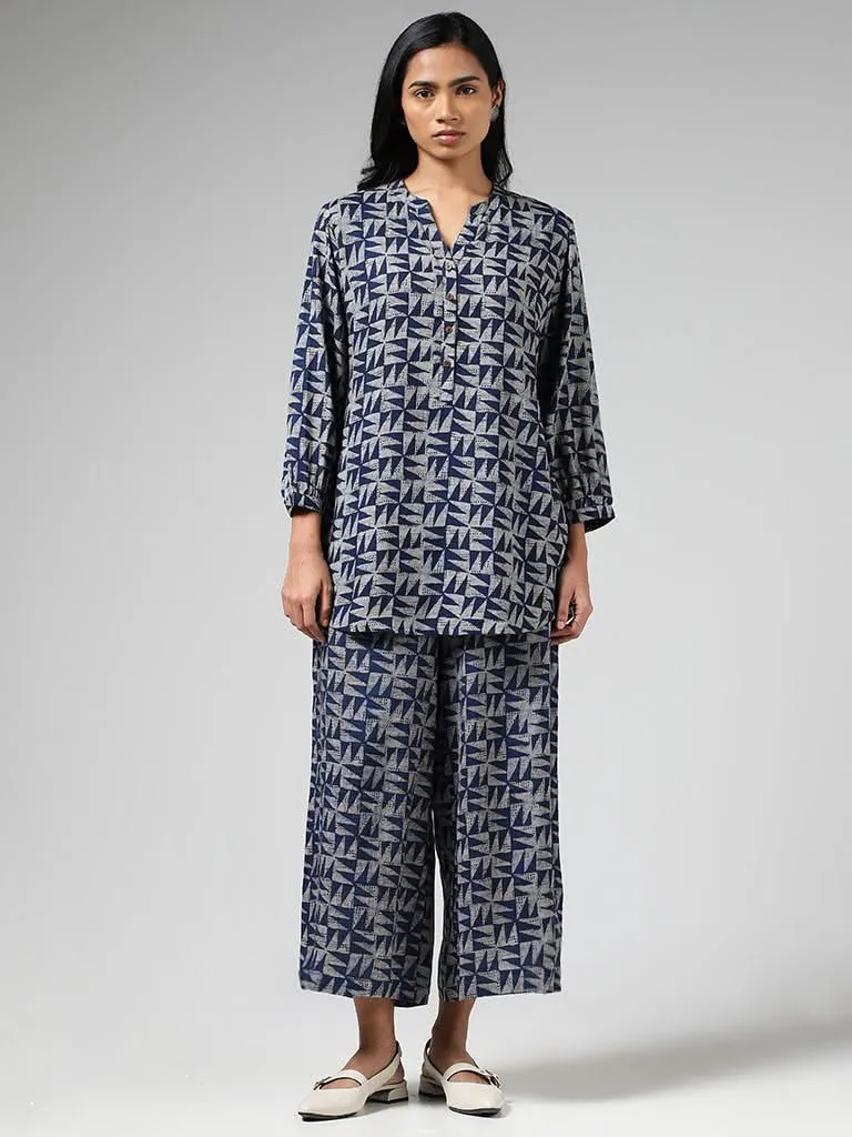 Utsa Indigo Geometric Printed Wide-Leg Pants