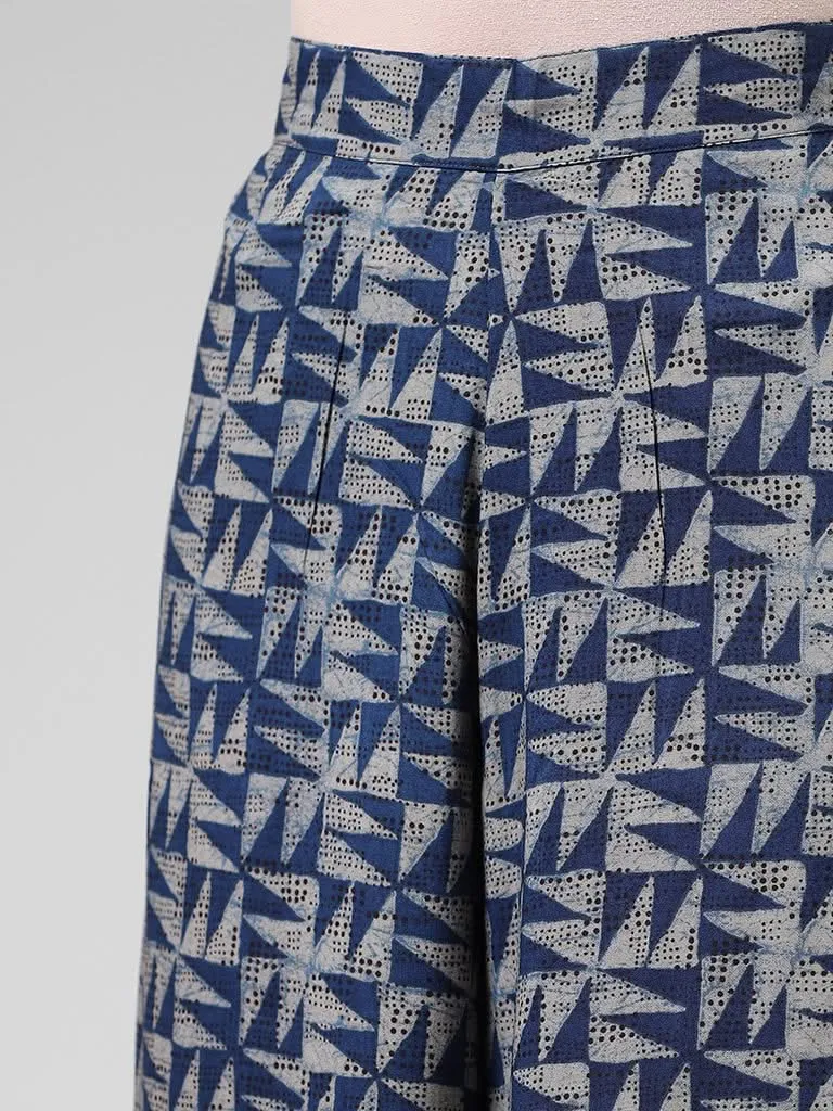 Utsa Indigo Geometric Printed Wide-Leg Pants