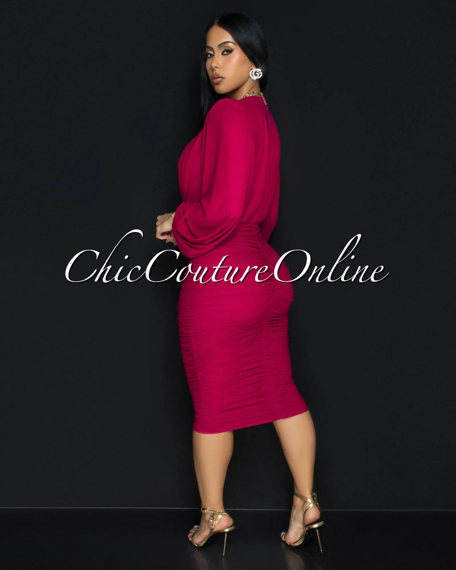 Vanica Magenta Mesh Overlay Plunging V-Neck Midi Dress  (PRE-ORDER)