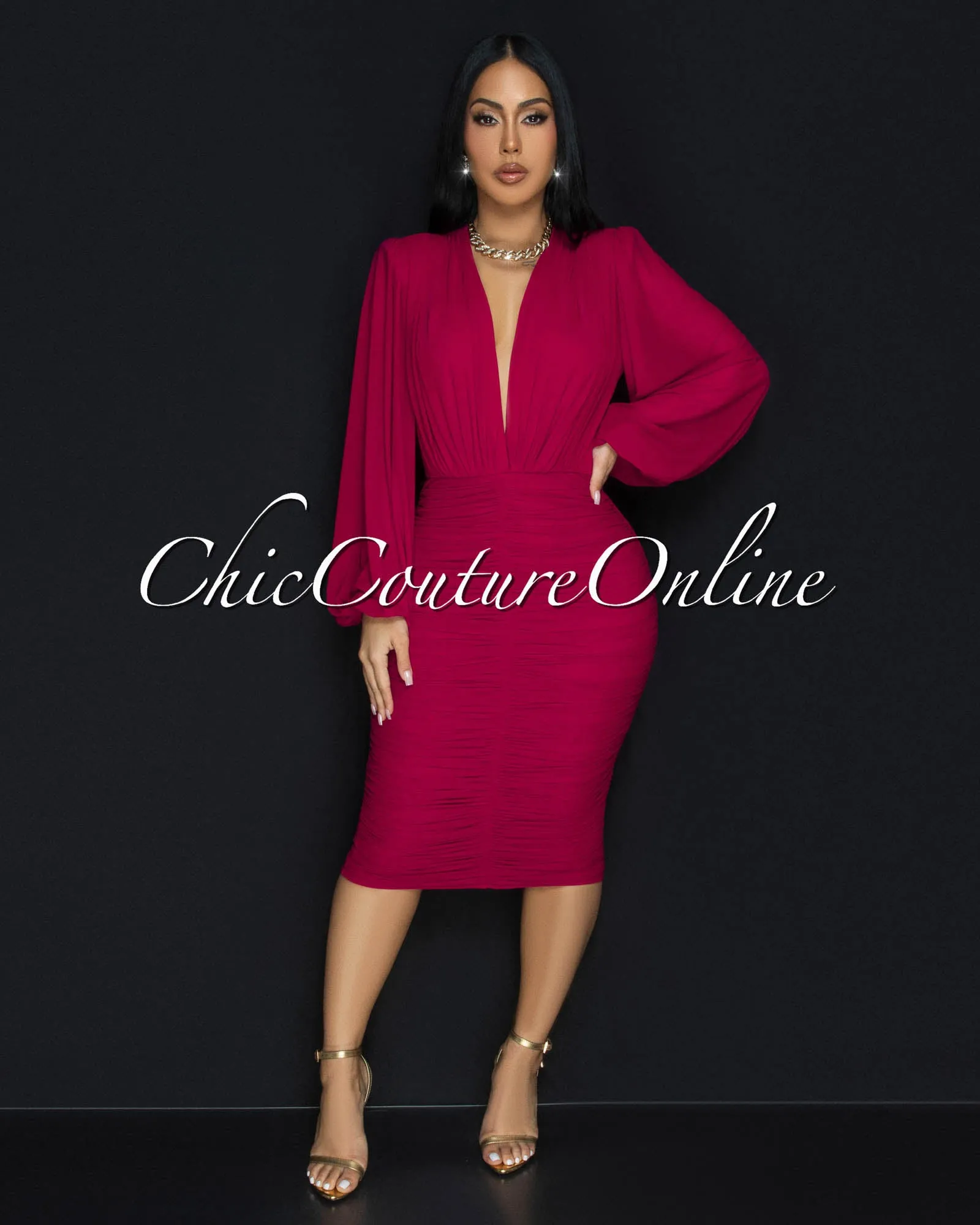 Vanica Magenta Mesh Overlay Plunging V-Neck Midi Dress  (PRE-ORDER)