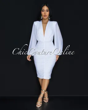 Vanica White Mesh Overlay Plunging V-Neck Midi Dress (PRE-ORDER)