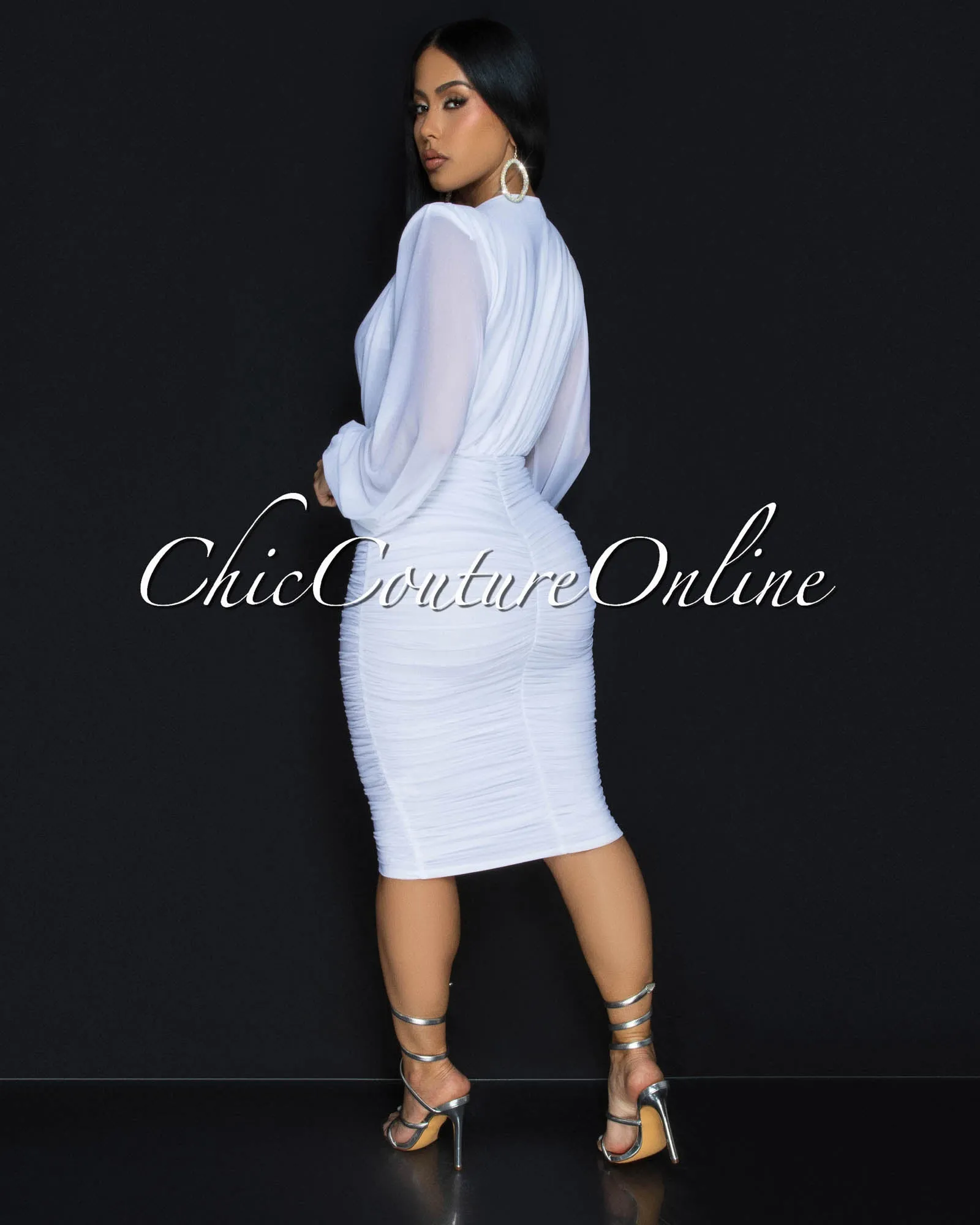 Vanica White Mesh Overlay Plunging V-Neck Midi Dress (PRE-ORDER)