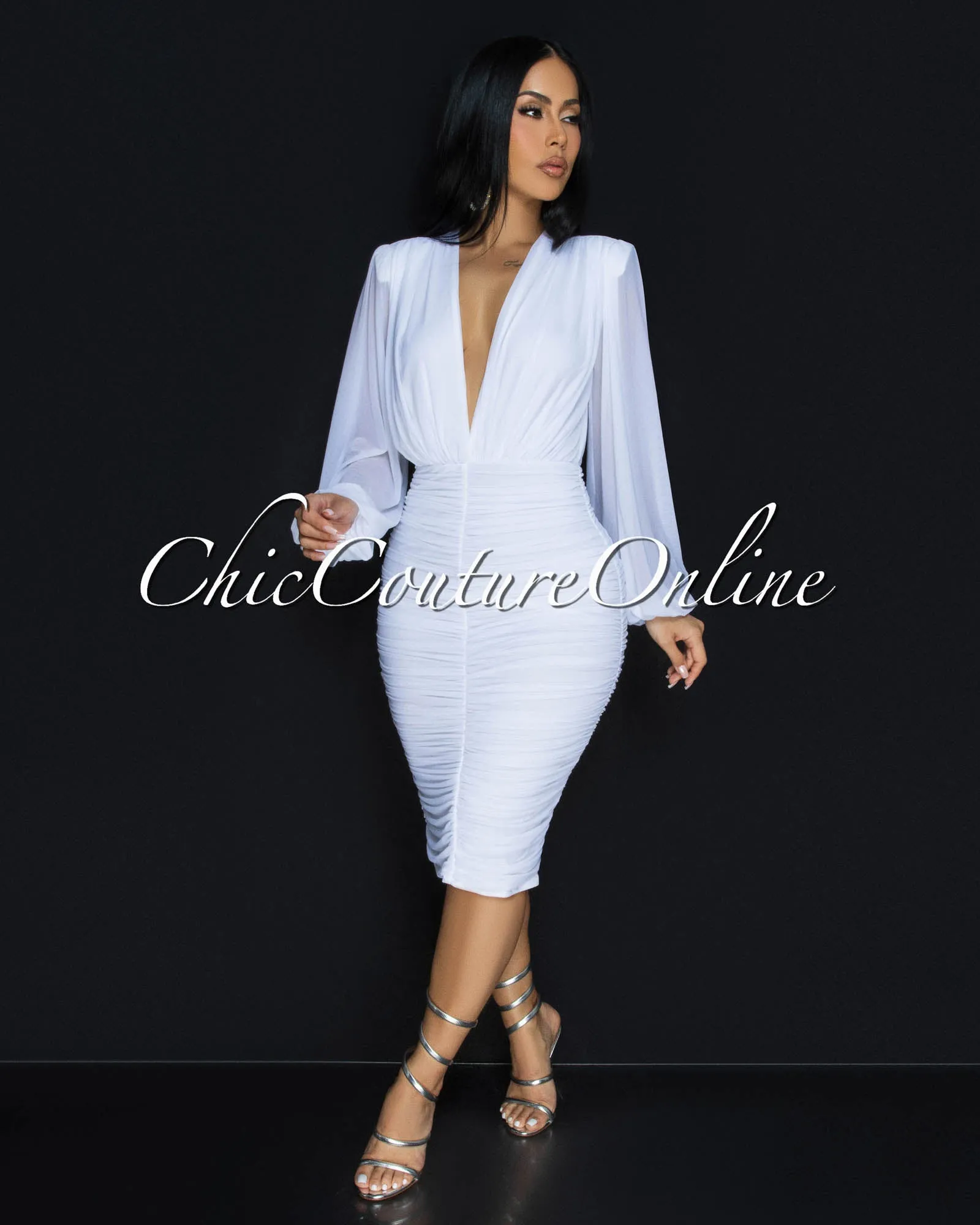 Vanica White Mesh Overlay Plunging V-Neck Midi Dress (PRE-ORDER)