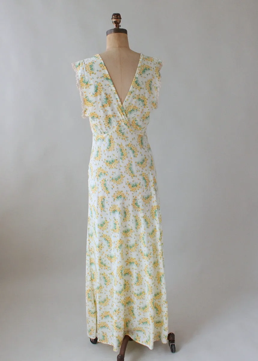 Vintage 1940s Spring Yellow and Green Floral Gown