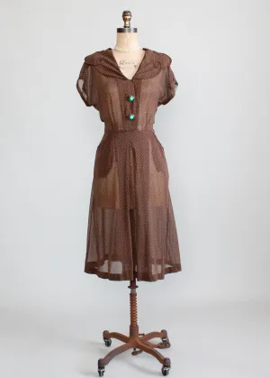 Vintage Late 1940s Sheer Brown and Green Dots Dress