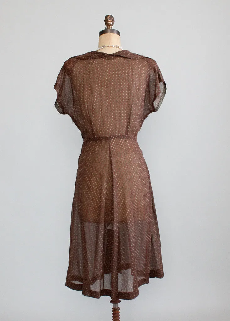 Vintage Late 1940s Sheer Brown and Green Dots Dress