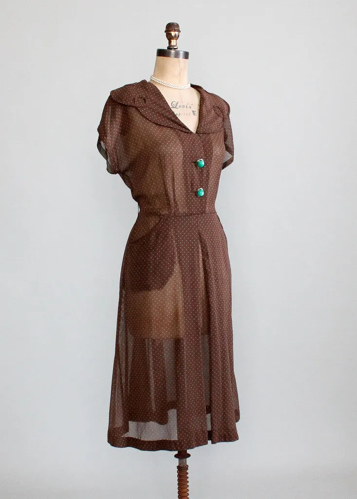 Vintage Late 1940s Sheer Brown and Green Dots Dress