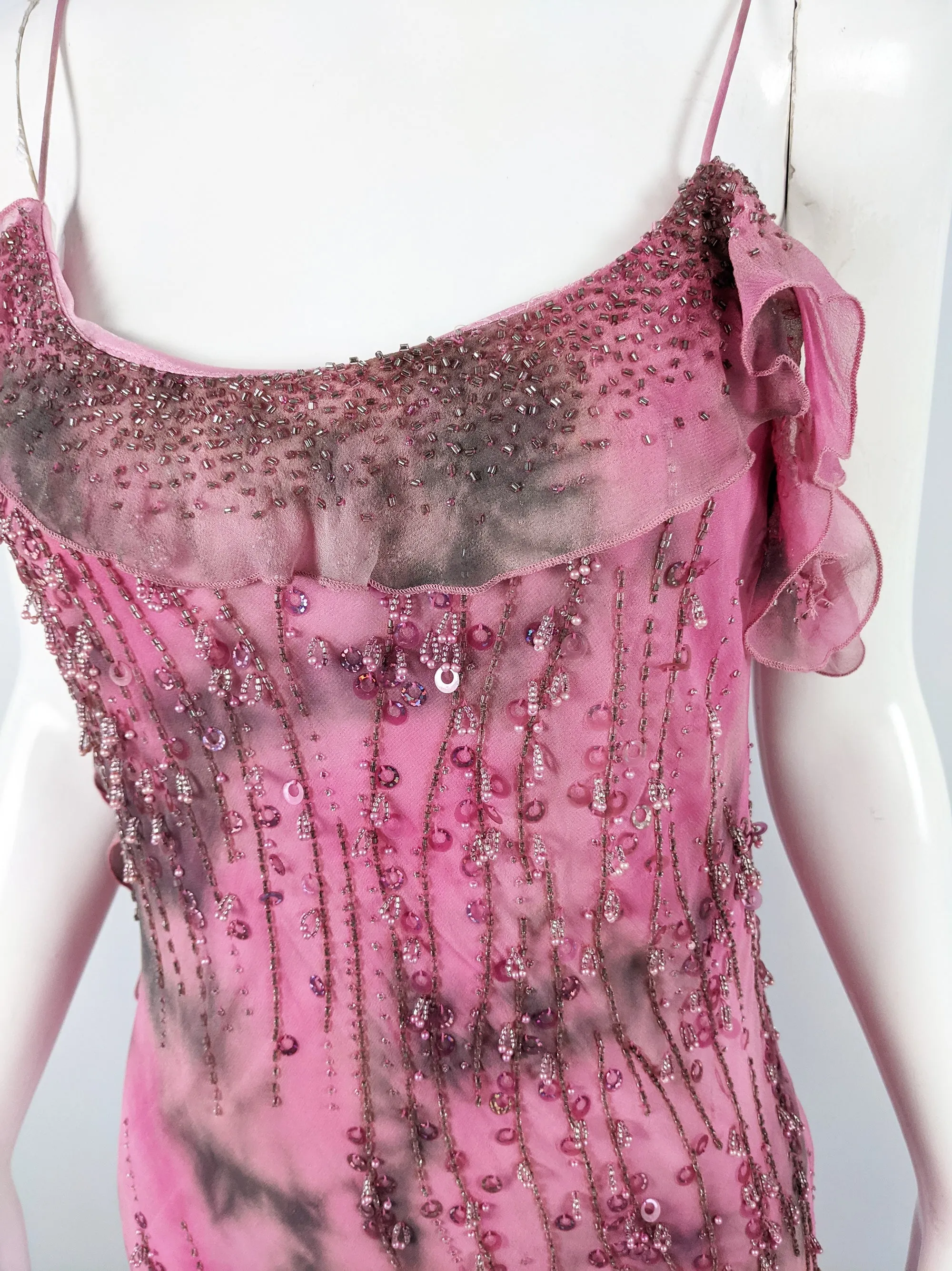 Vintage Pink Silk Beaded Ruffled Tie Dye Slip Dress, 1990s