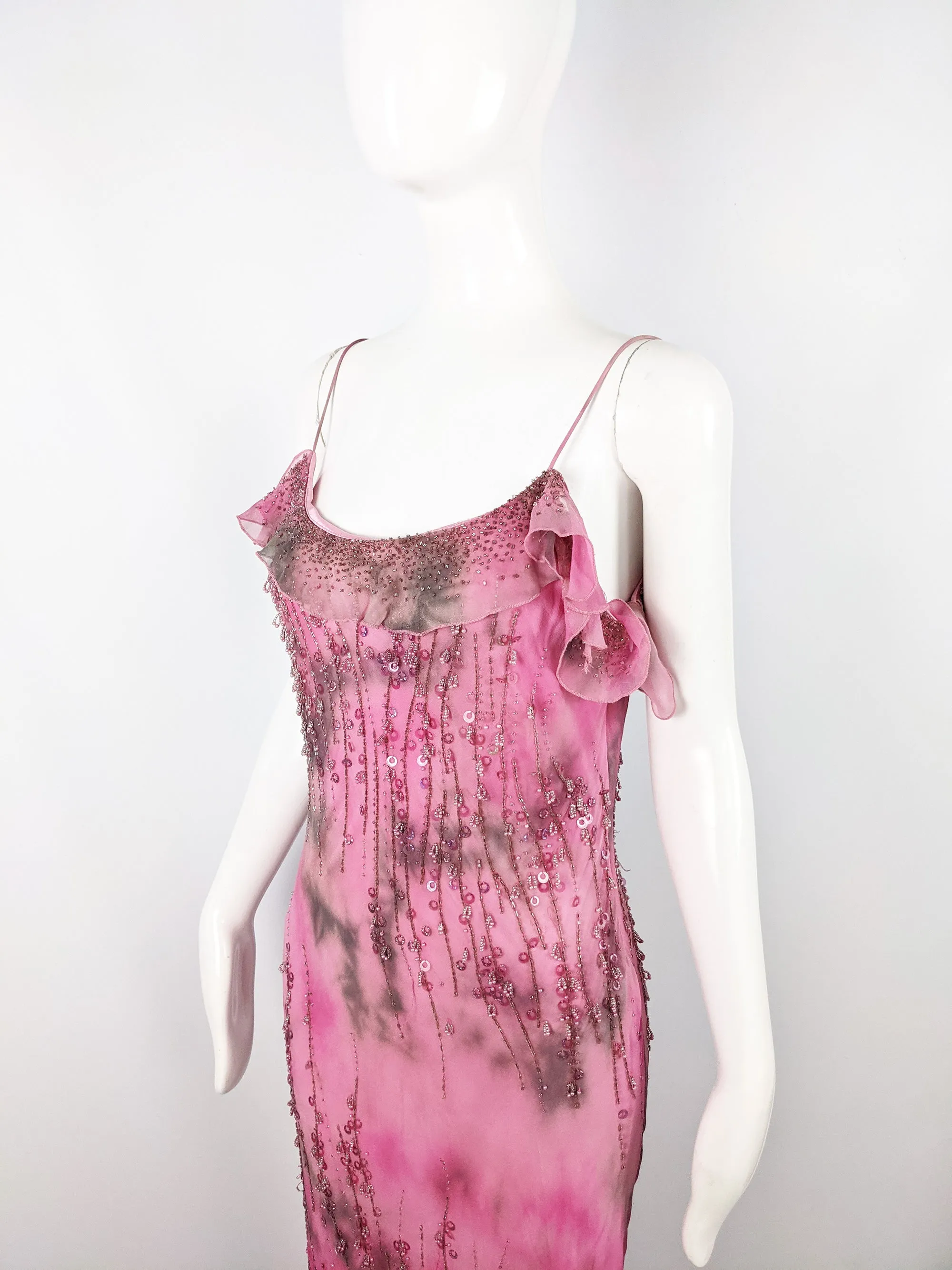 Vintage Pink Silk Beaded Ruffled Tie Dye Slip Dress, 1990s