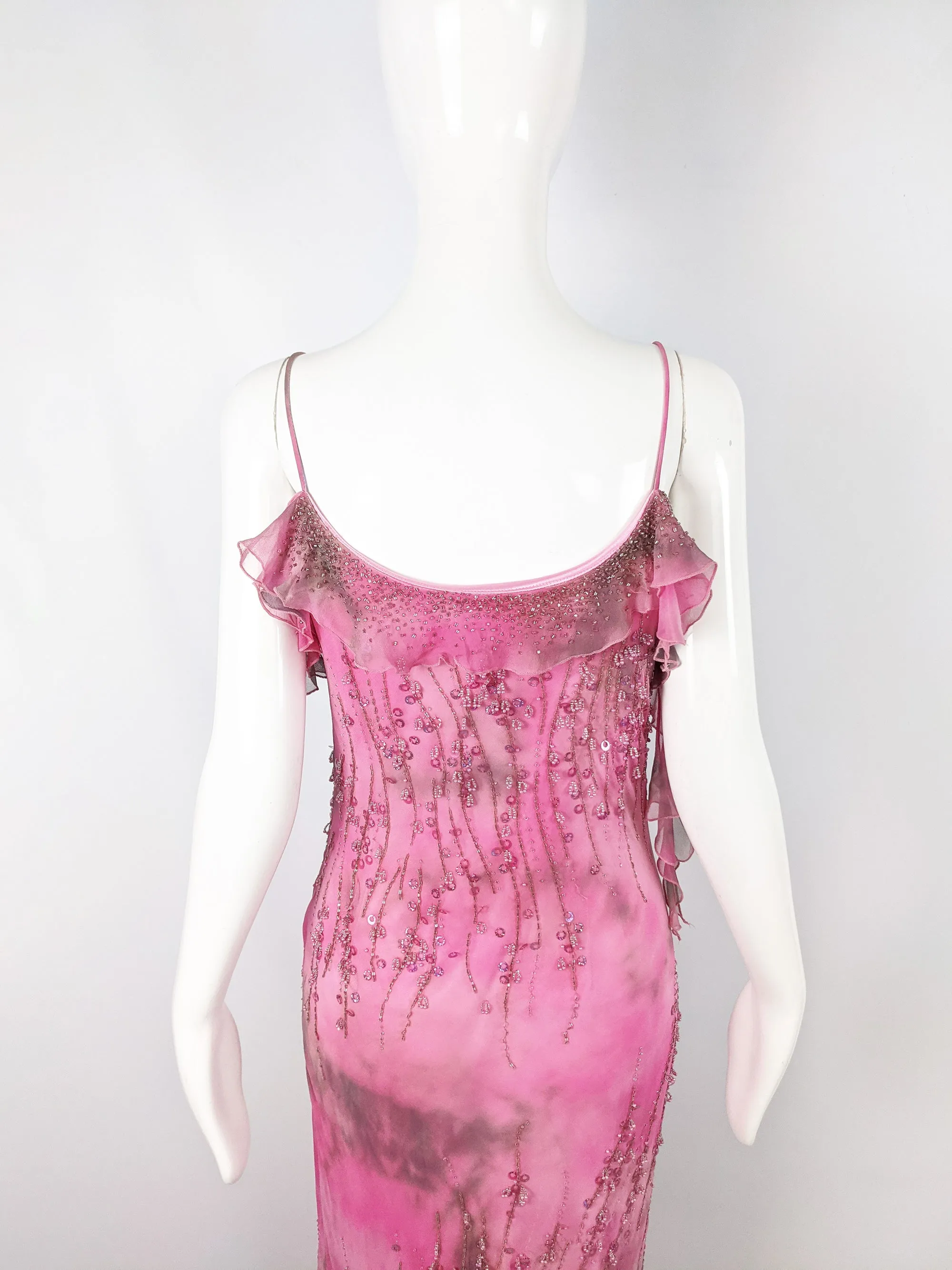 Vintage Pink Silk Beaded Ruffled Tie Dye Slip Dress, 1990s